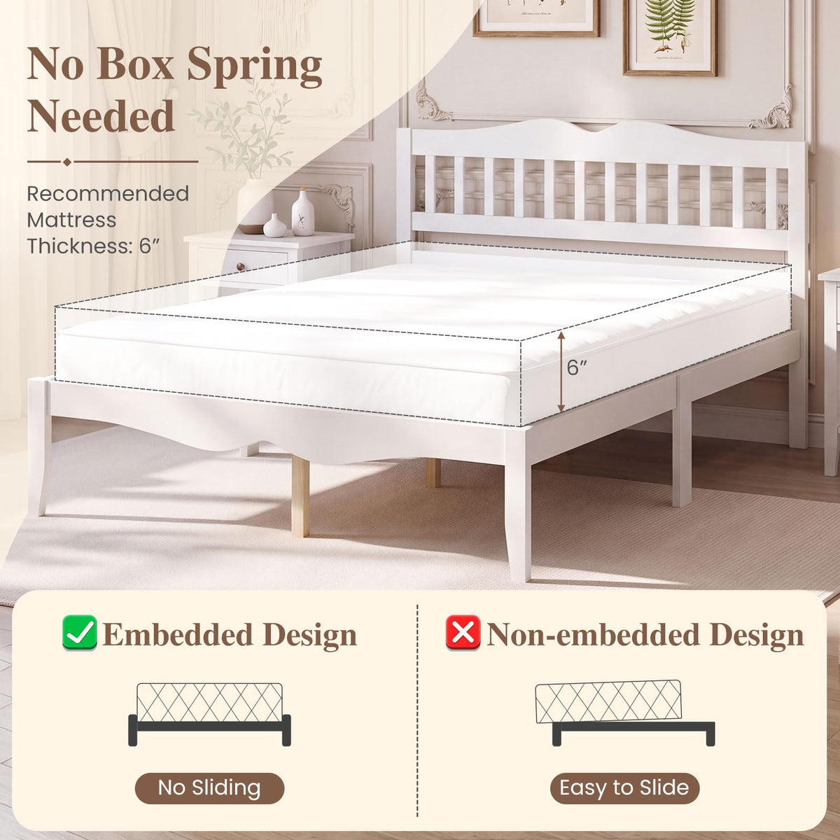 KOMFOTT Full/Queen  Size Bed Frame Farmhouse Wooden Bed with Slatted Headboard(Curved Slatted Headboard)