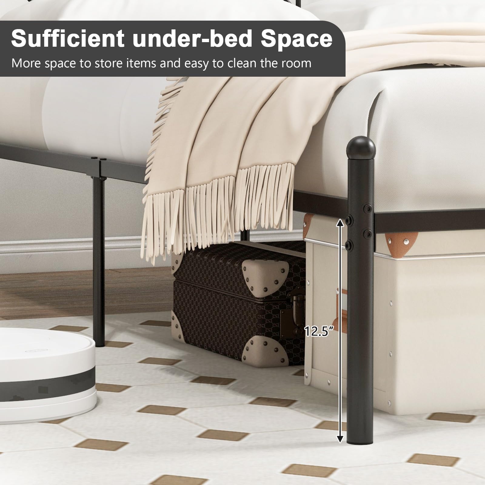 KOMFOTT Metal Bed Frame with Victorian Style Headboard, 14 Metal Slats Support