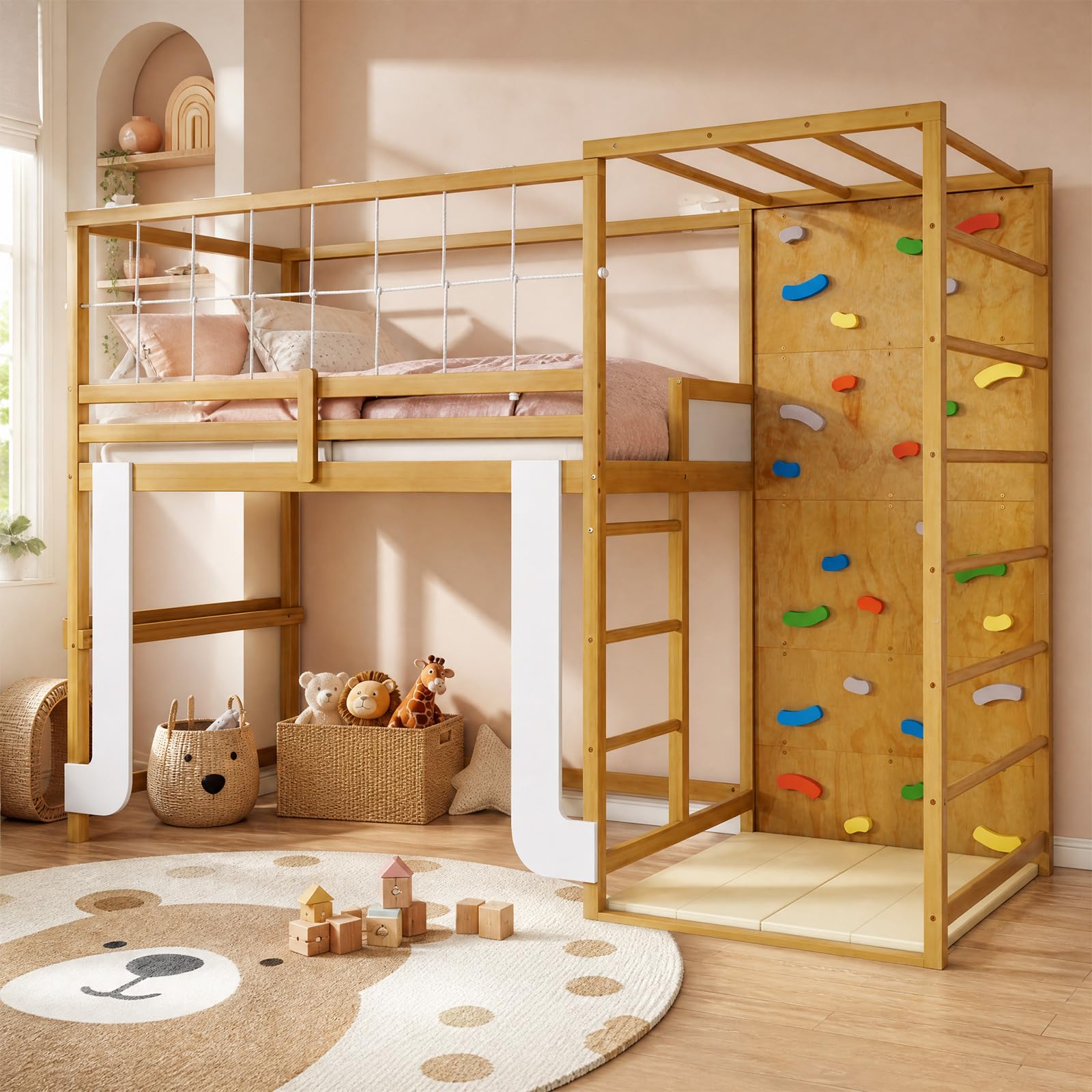 KOMFOTT Twin Bunk Bed with Jungle Gym Kids Loft Bed with Rock Wall