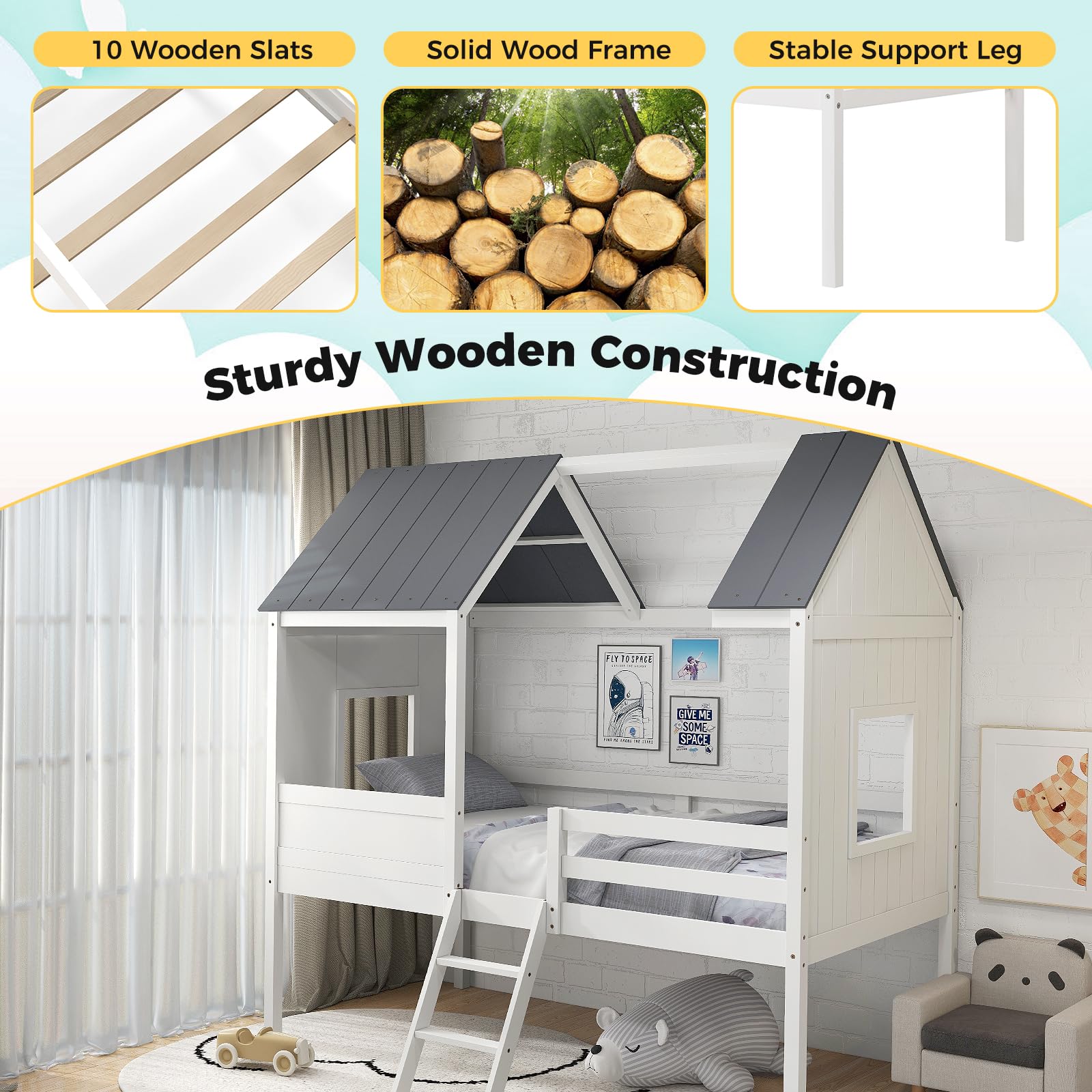 KOMFOTT Twin House Bed Wood Kid’s Low Loft Bed Frame