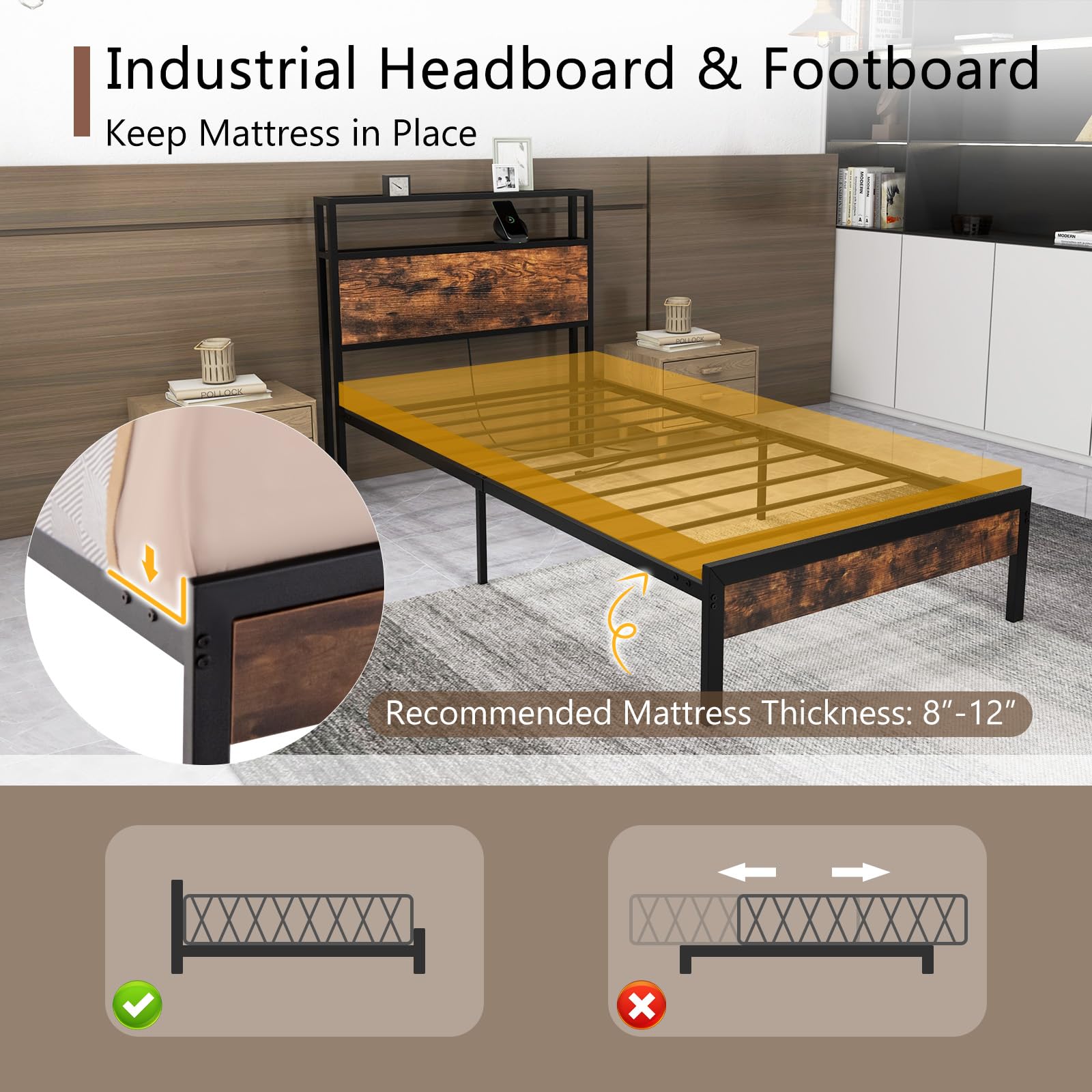 KOMFOTT Industrial Bed Frame with 2-Tier Storage Headboard & Charging Station
