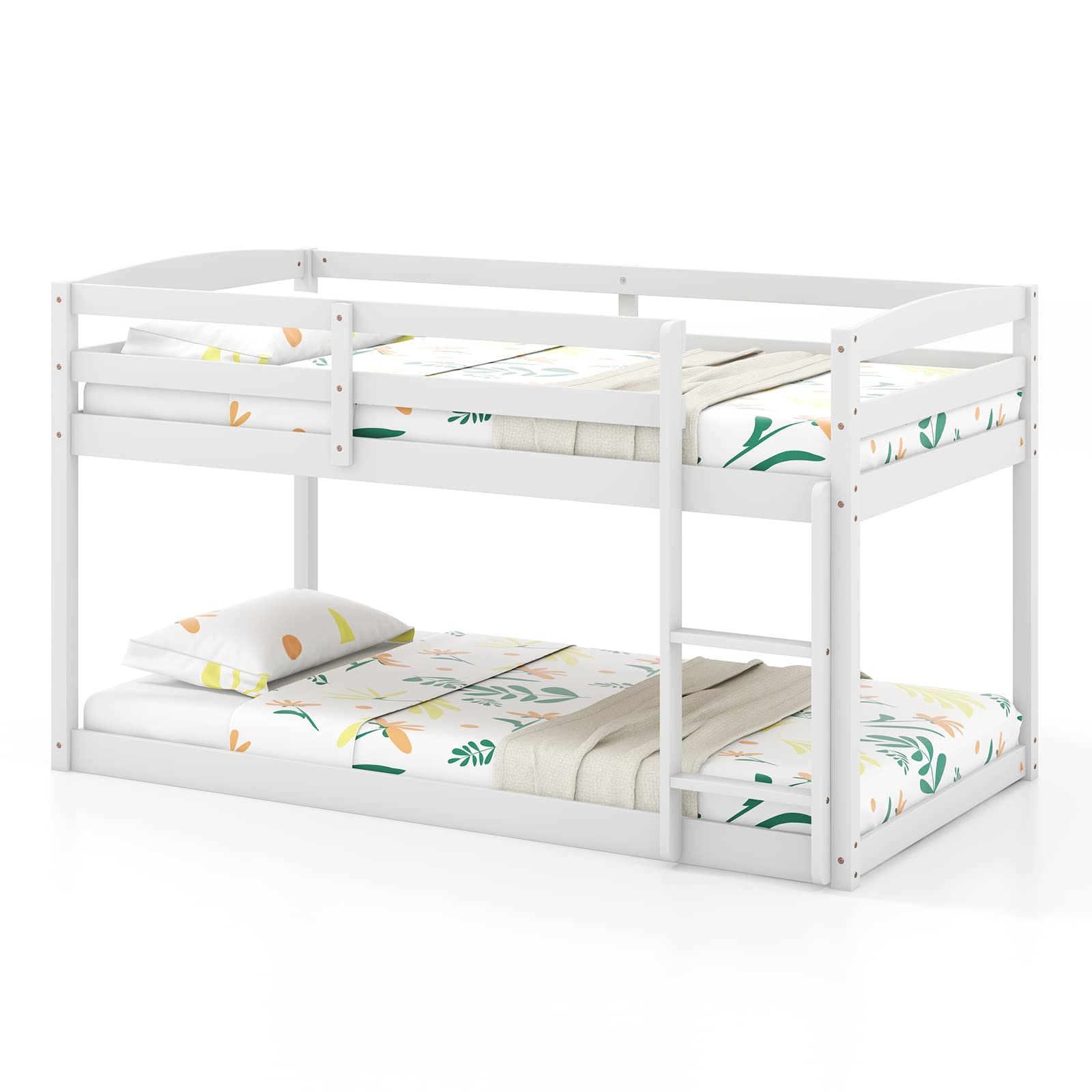 KOMFOTT Twin Over Twin Solid Wood  Low Bunk Bed with Built-in Ladder & Safety Guardrails