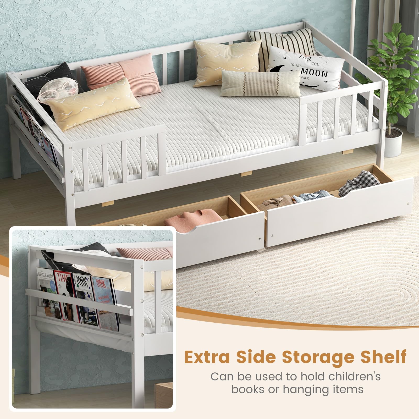 KOMFOTT Wood Twin Bed Frame with Fence Rails & 2 Pull-Out Drawers