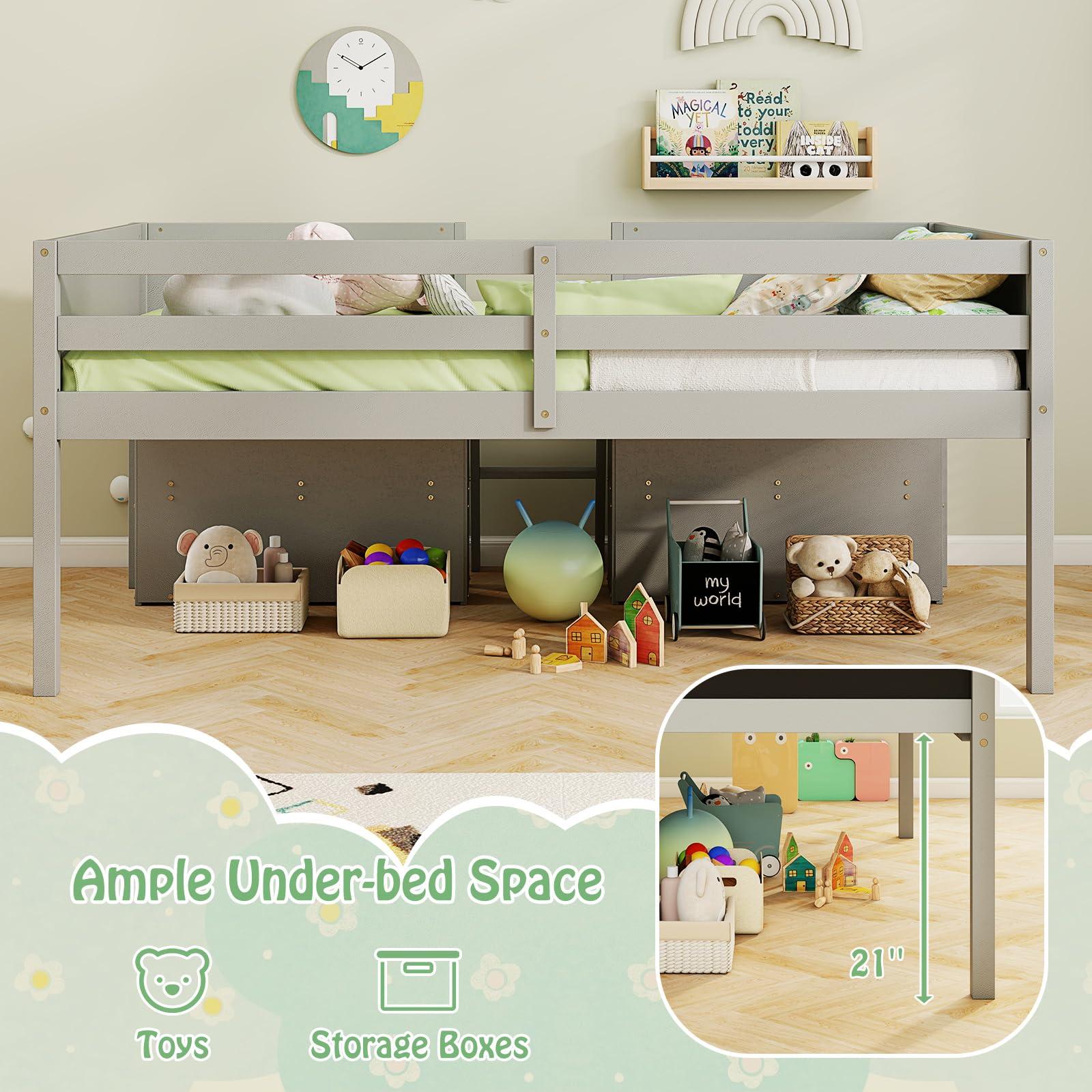 KOMFOTT Twin Size Low Loft Bed Kids Loft Bed Frame
