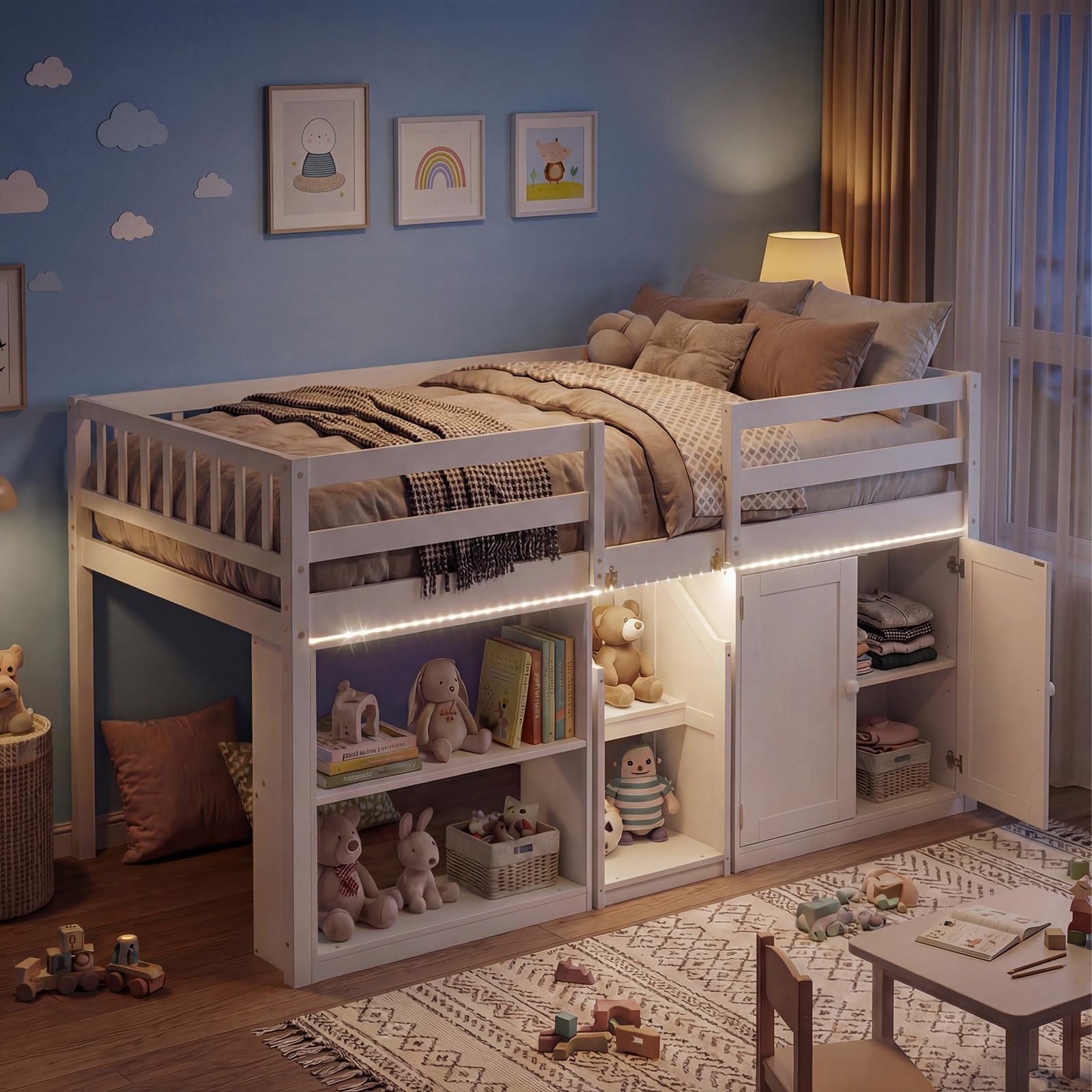 KOMFOTT Twin Size Low Loft Bed with LED Light Stairs & Guardrails