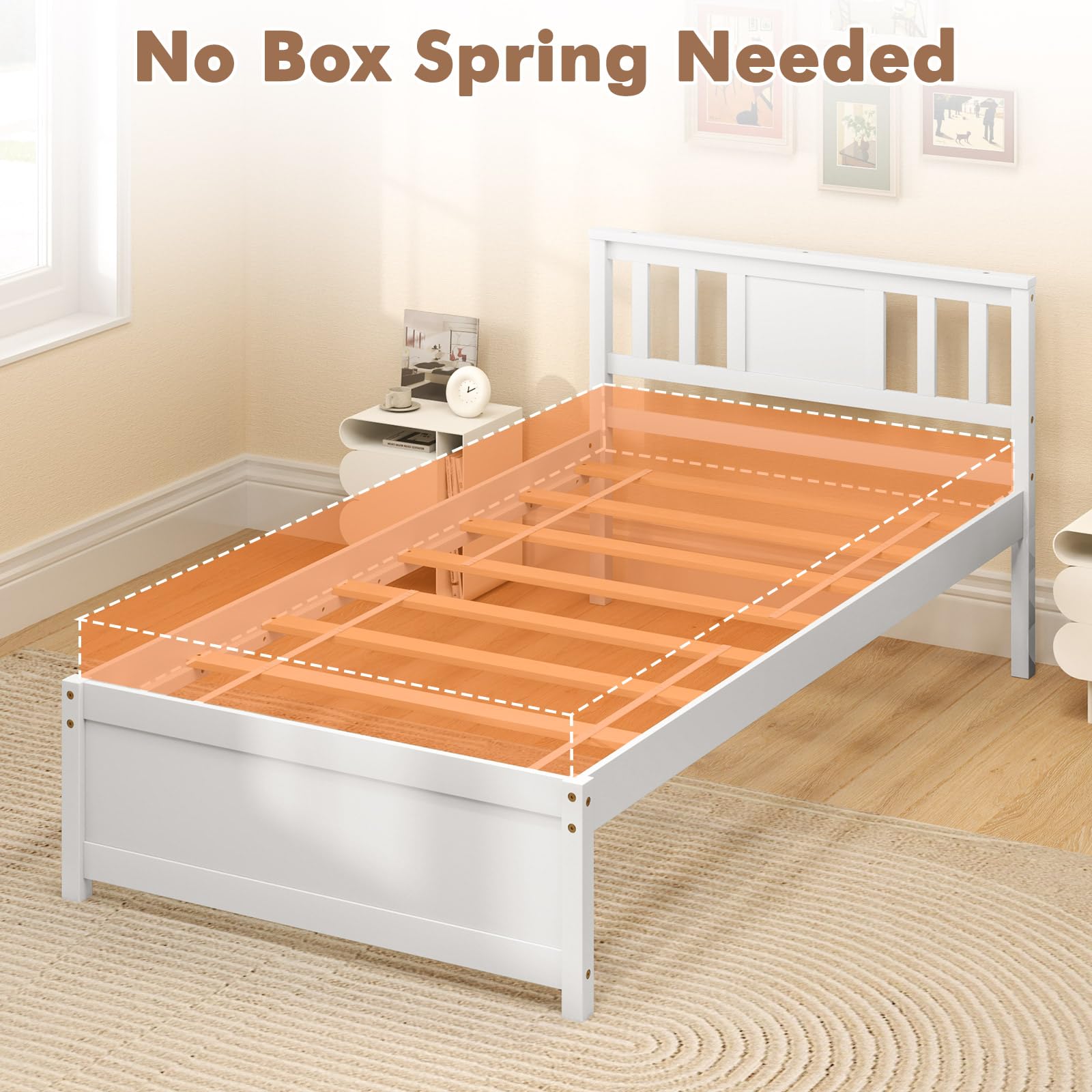 KOMFOTT  Wood Platform Bed Frame with Headboard Solid Wood Platform Bed