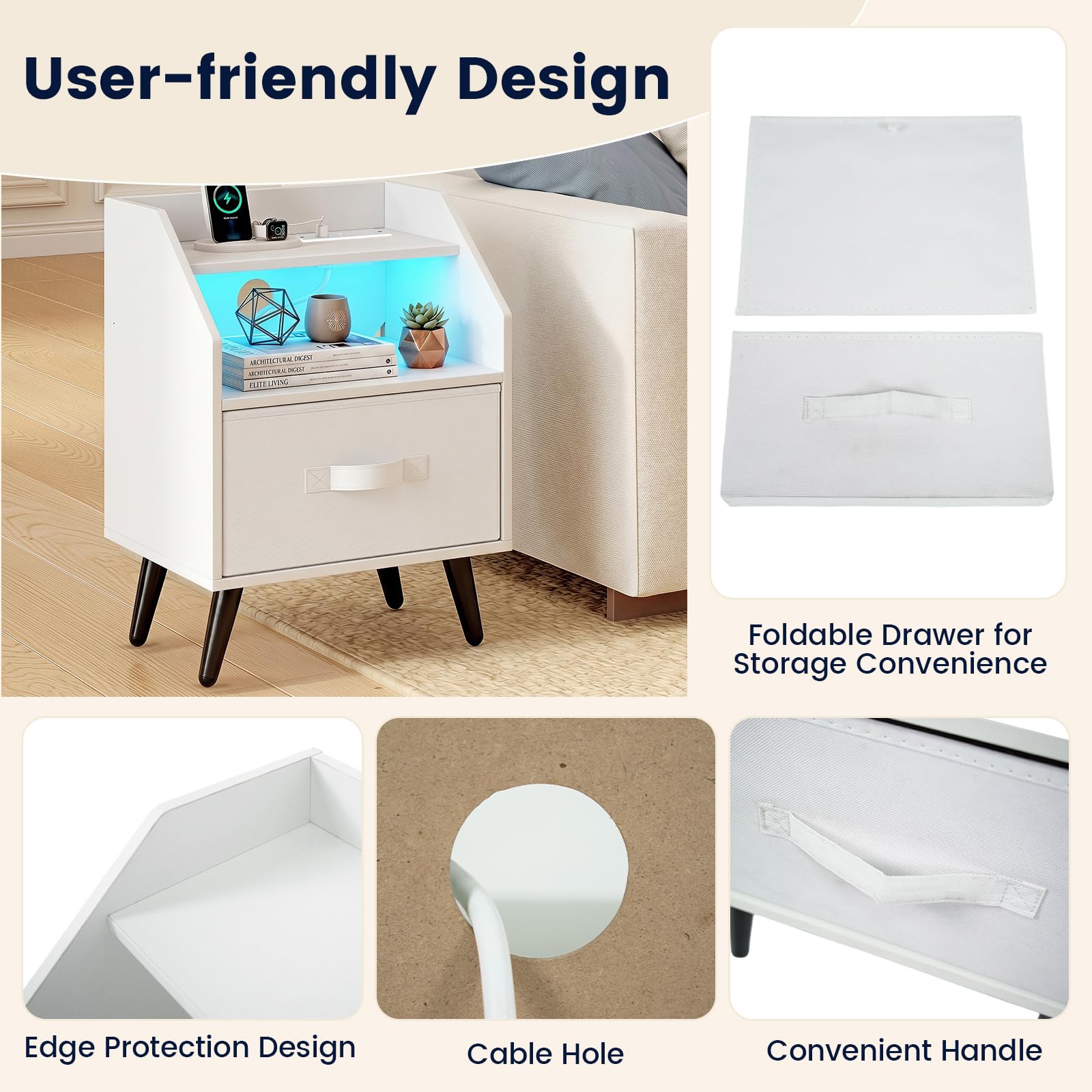 KOMFOTT Nightstand with LED Lights Charging Station & Fabric Drawer(1/2)