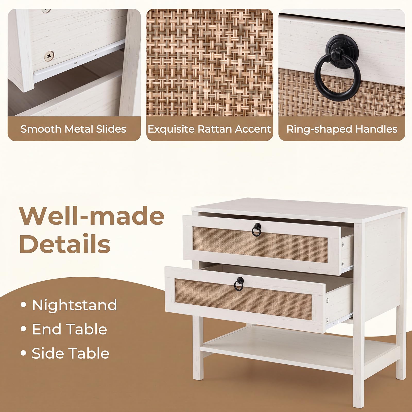 KOMFOTT Rattan Nightstand Bedside Table with 2 Drawers(1/2)