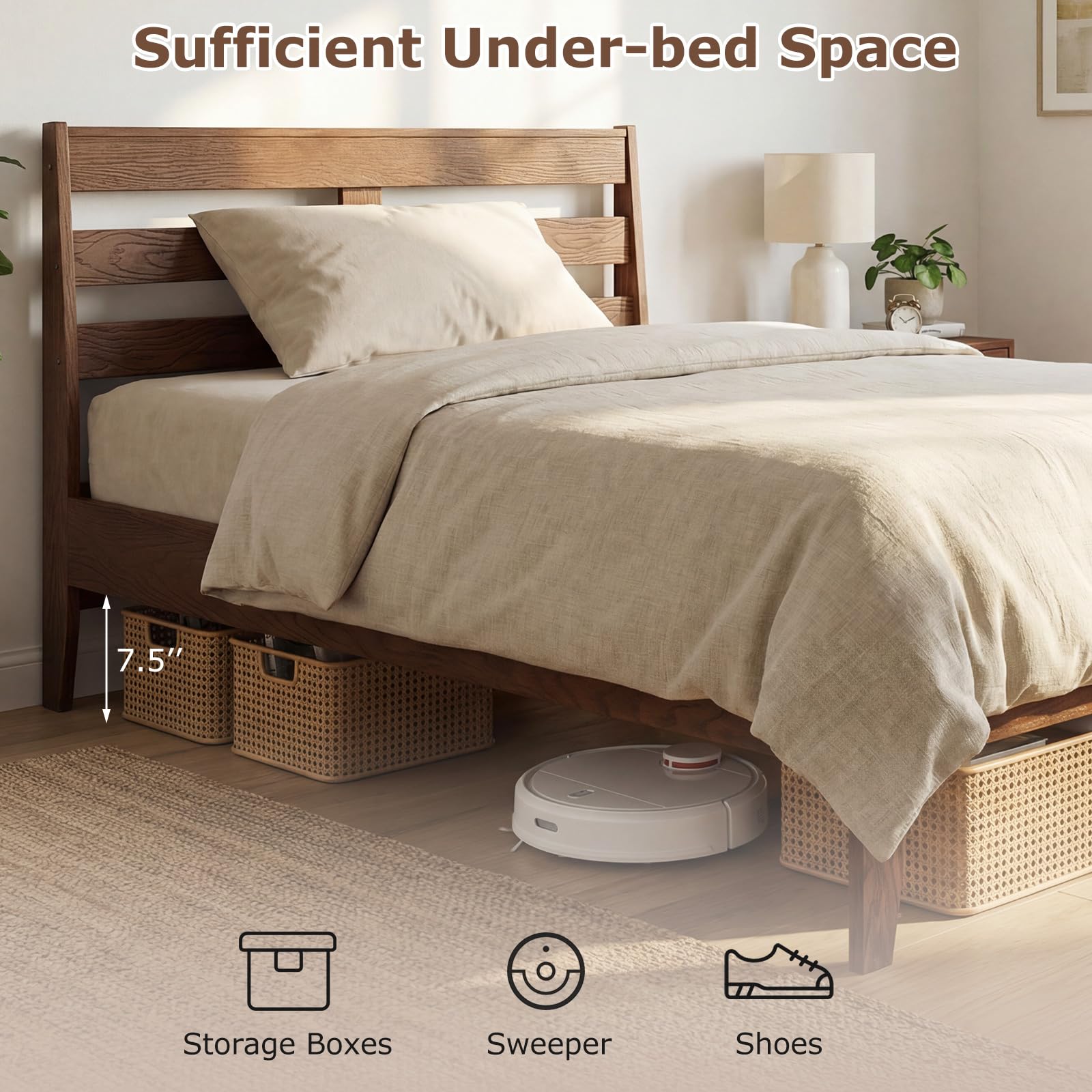 KOMFOTT Twin/Full/Queen Size Rubber Wood Bed Frame with Headboard