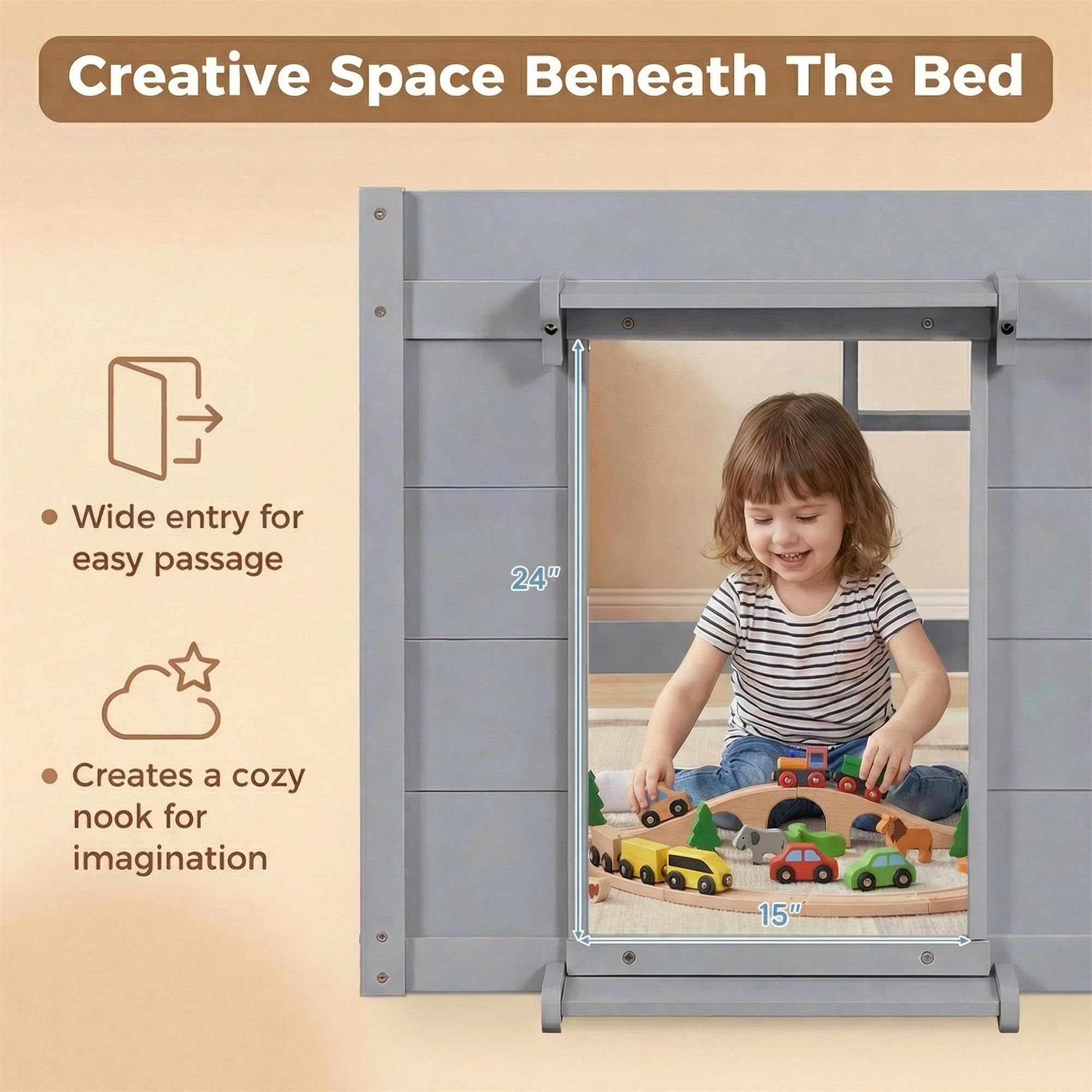 KOMFOTT Twin Low Loft Bed with LED Lights & 2 Doors, Under-Bed Play Space & Storage Bookcase