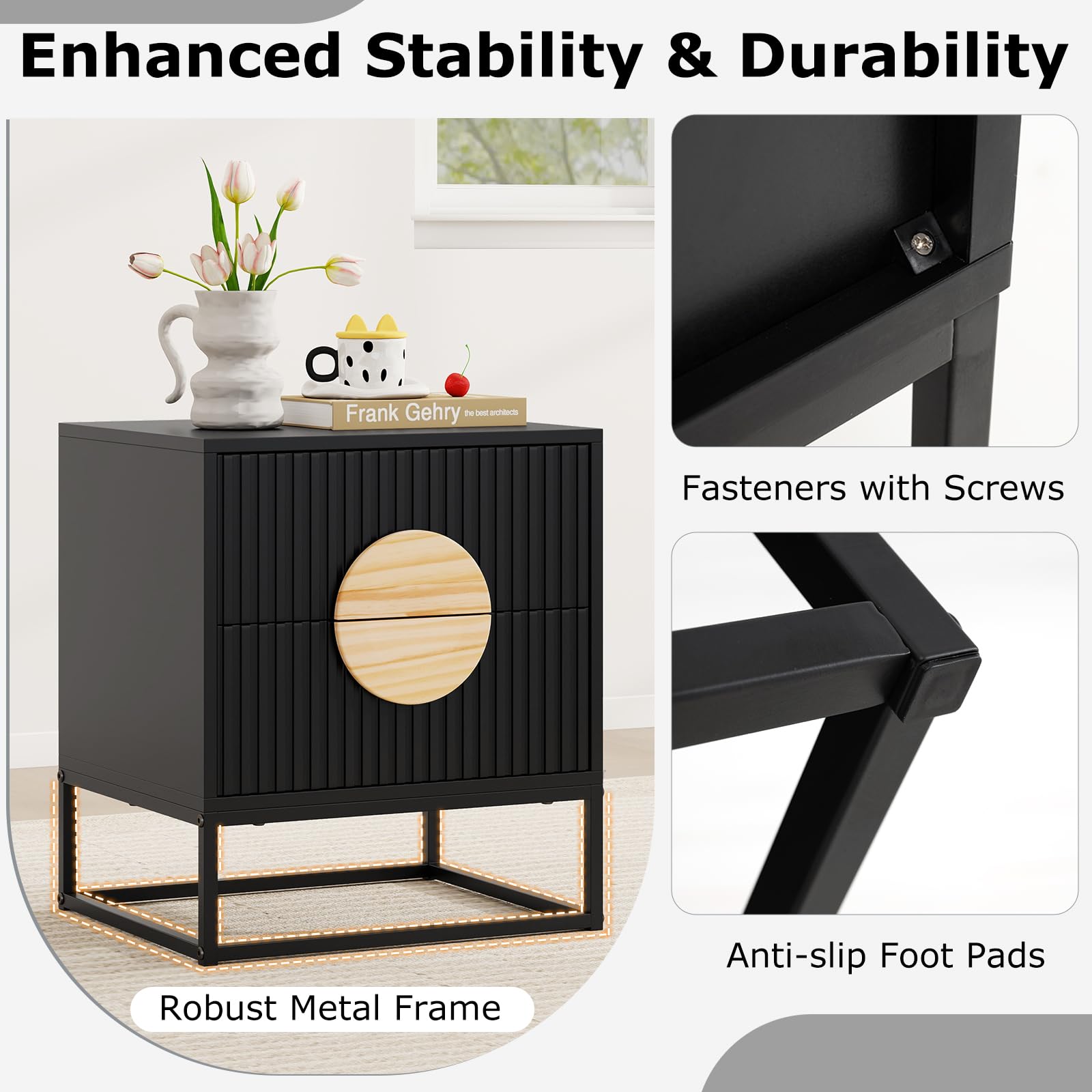 KOMFOTT Fluted Nightstand with 2 Drawers(1/2)