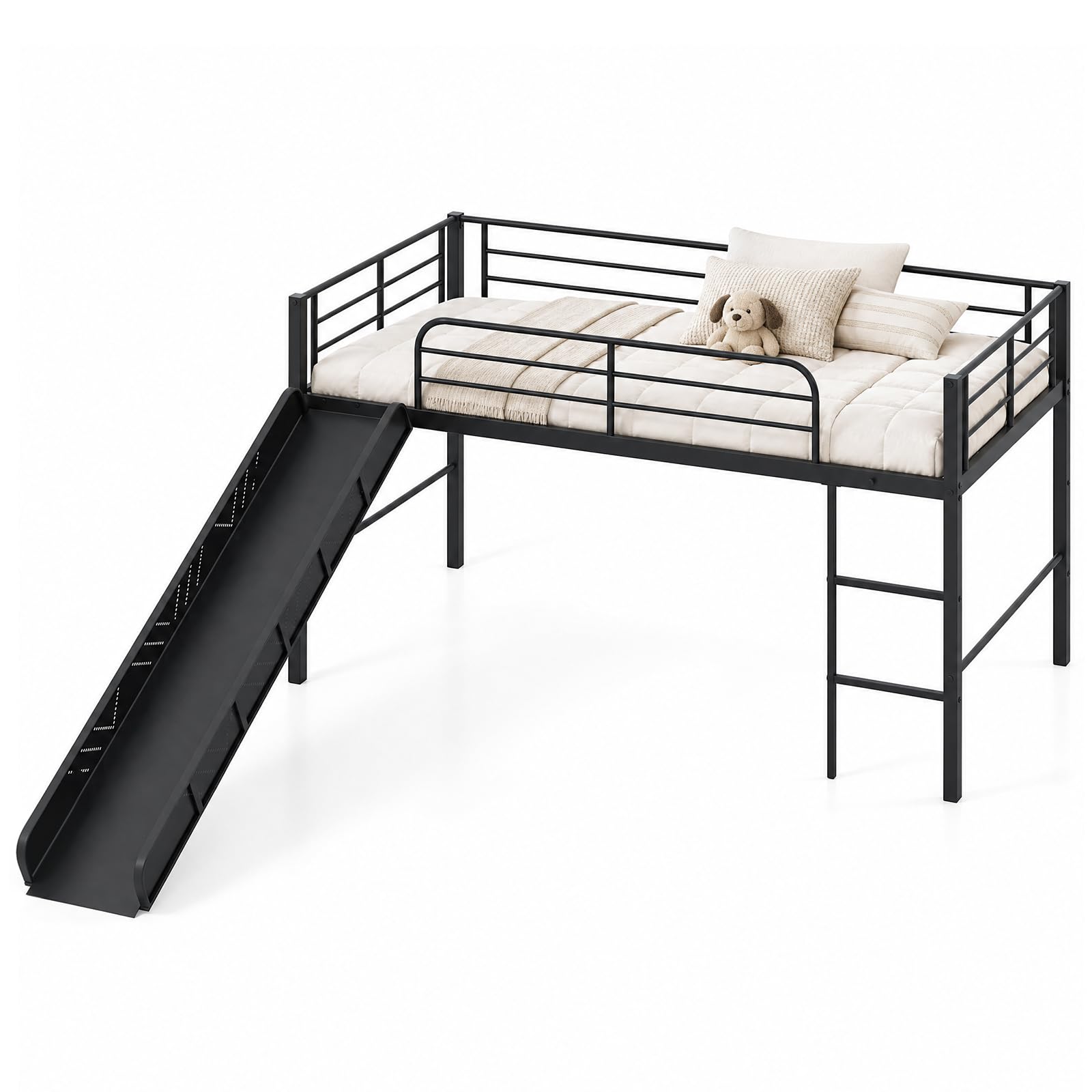 KOMFOTT Twin Size Low Loft Bed Metal Bed Frame with 30" H Under-Bed Space(with Slide)