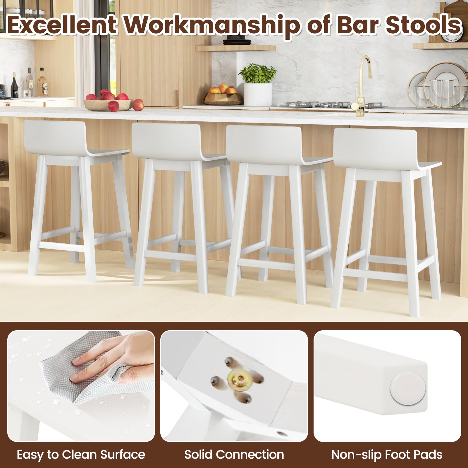 KOMFOTT Solid Wood Bar Stools Set of 2/4, Counter Height Chairs with Low Back and Footrest