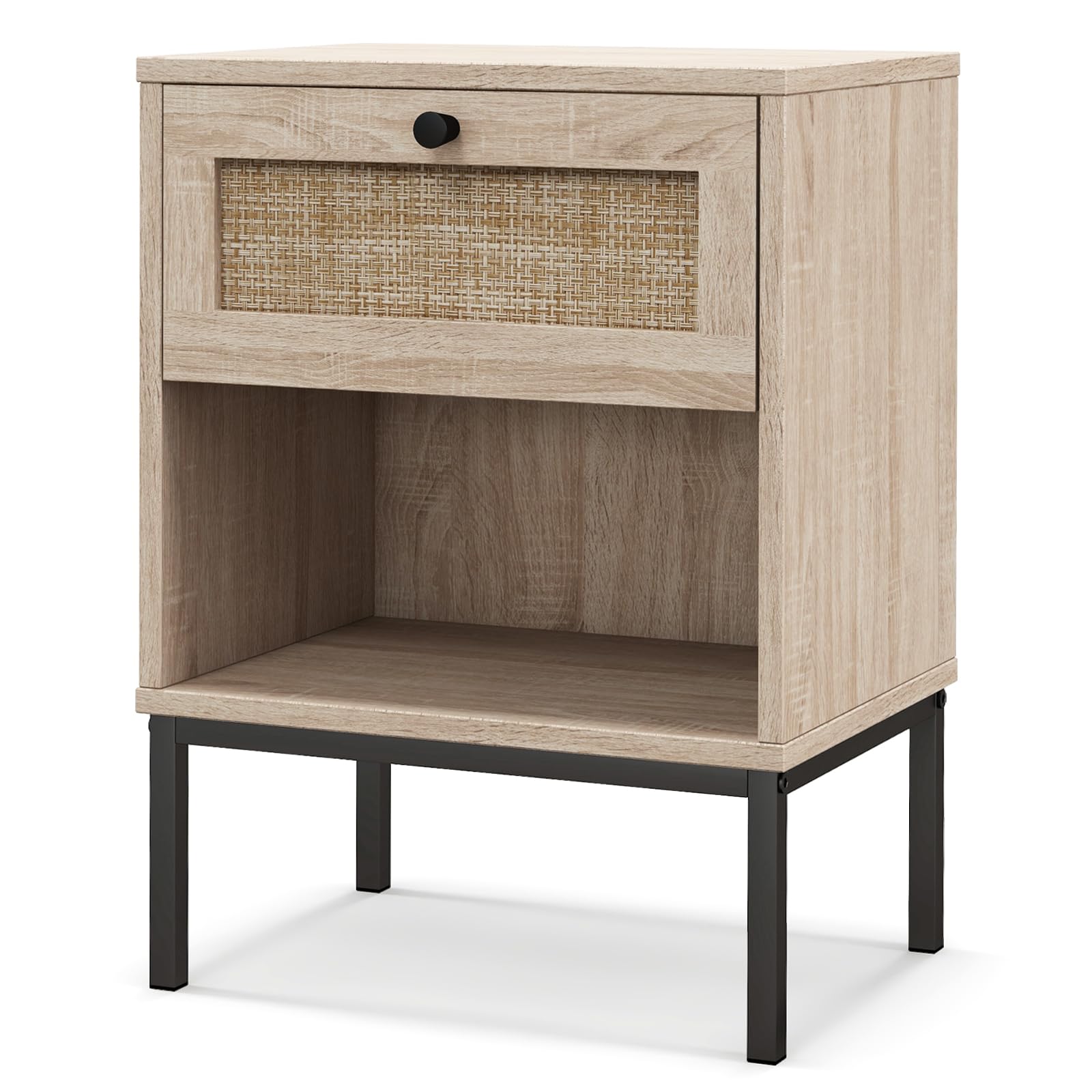 KOMFOTT Rattan Nightstand with Drawer & Open Storage Shelf