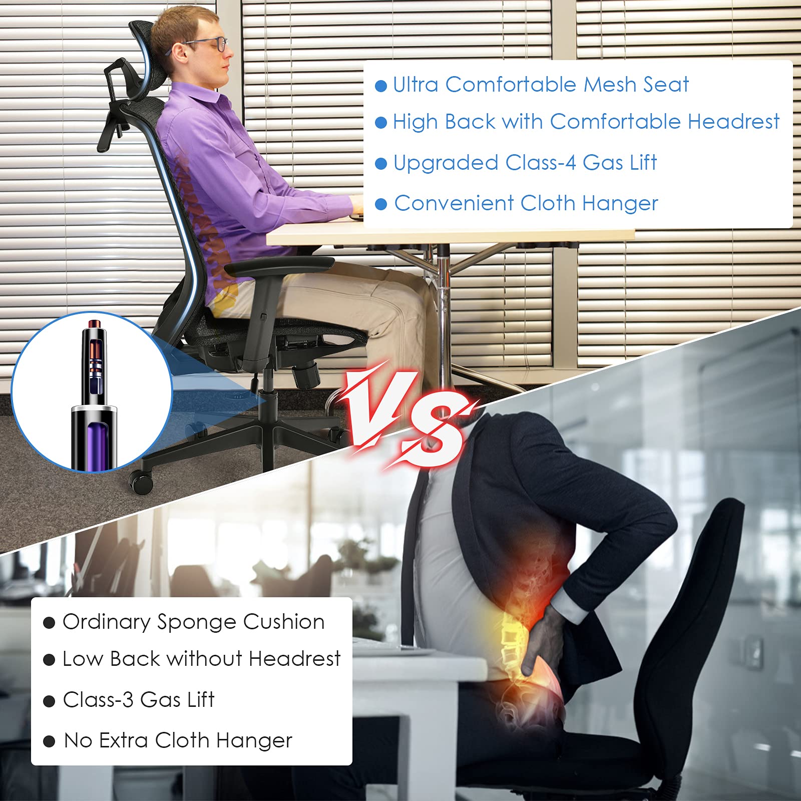 KOMFOTT Ergonomic Office Chair, Mesh Desk Chair Back Support with Adjustable Headrest