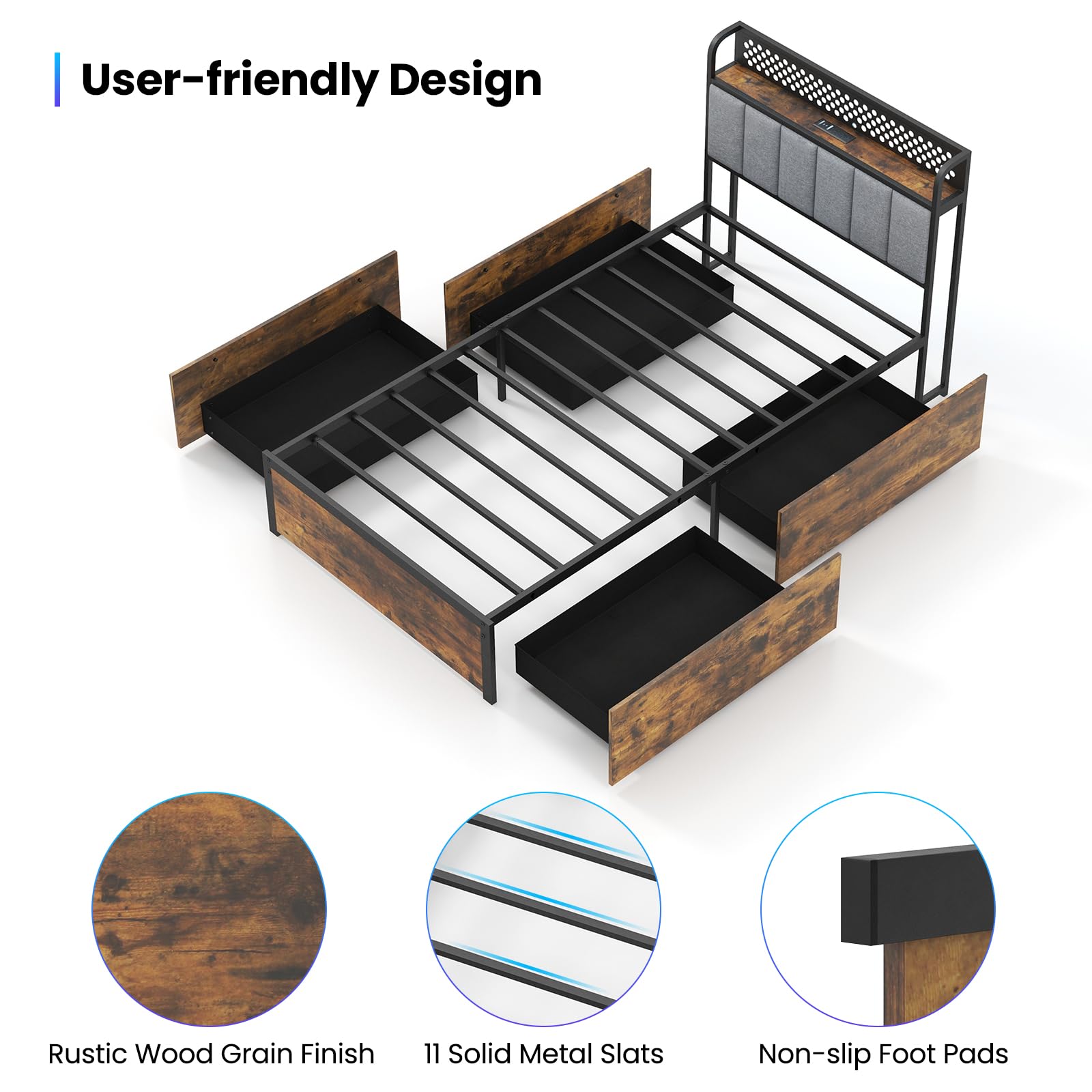 KOMFOTT Industrial LED Bed Frame with 4 Storage Drawers & Charging Station