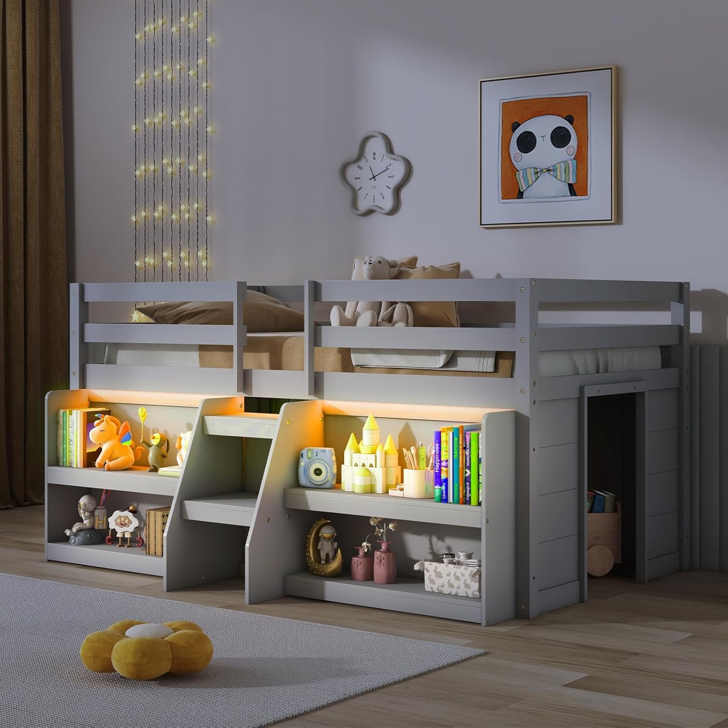 KOMFOTT Low Loft Bed with LED Light & 2 Bookcases
