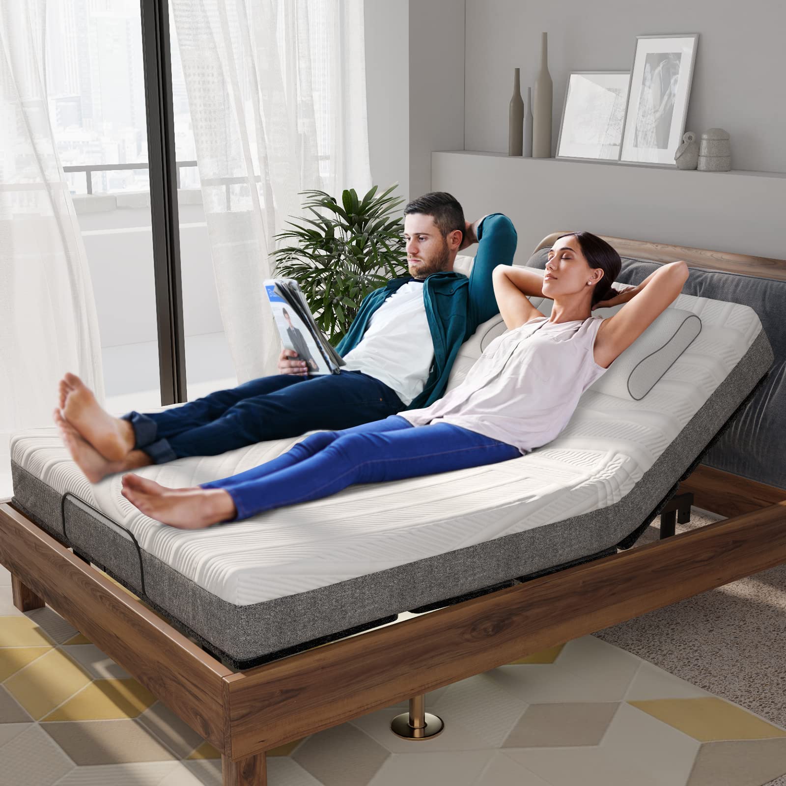 KOMFOTT Adjustable Bed Base with Remote, Electric Reclining Bed with Head & Foot Incline, LED Under-Bed Lighting and Dual USB Port