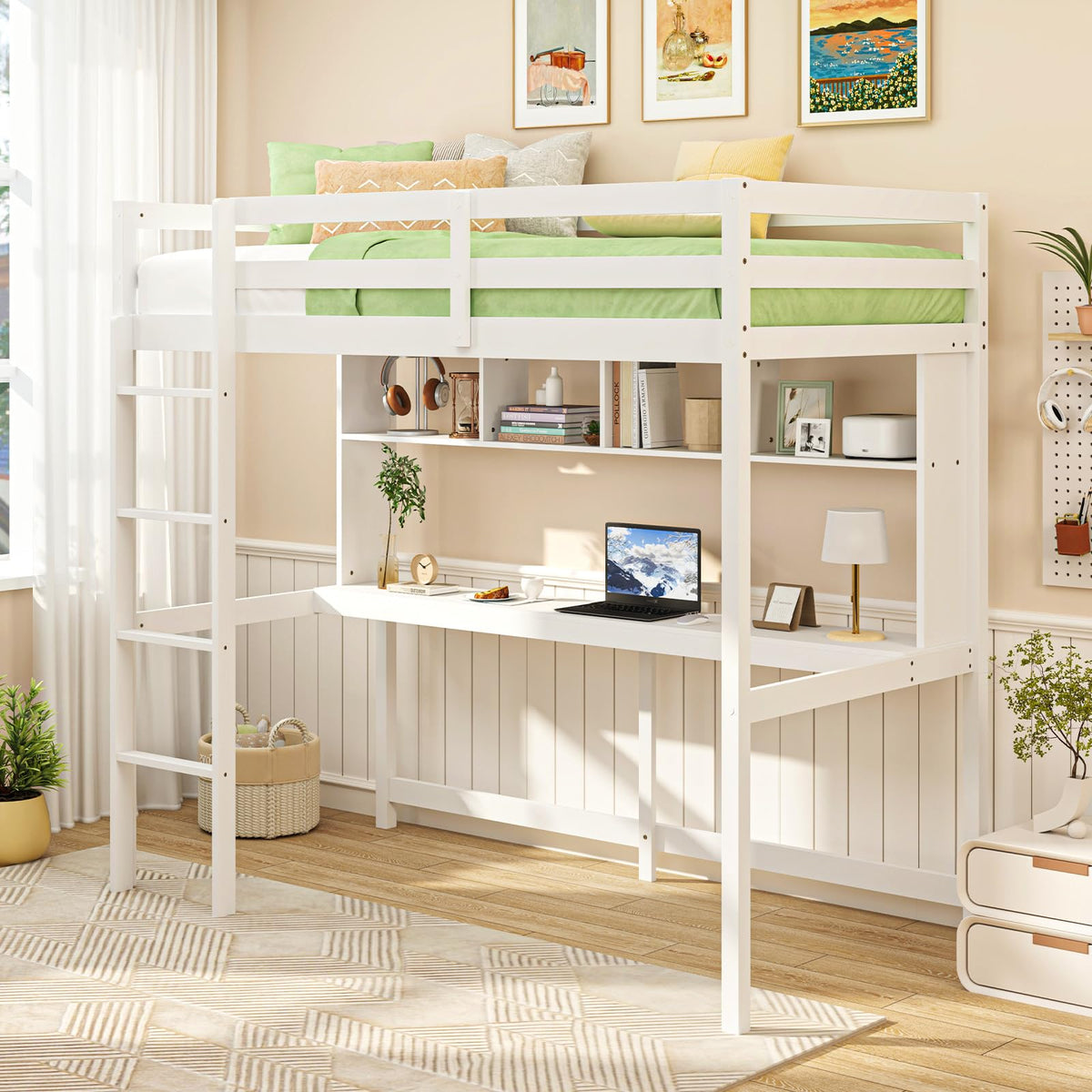 KOMFOTT Loft Bed with Desk & Bookcase Twin Bed Frame ( White )