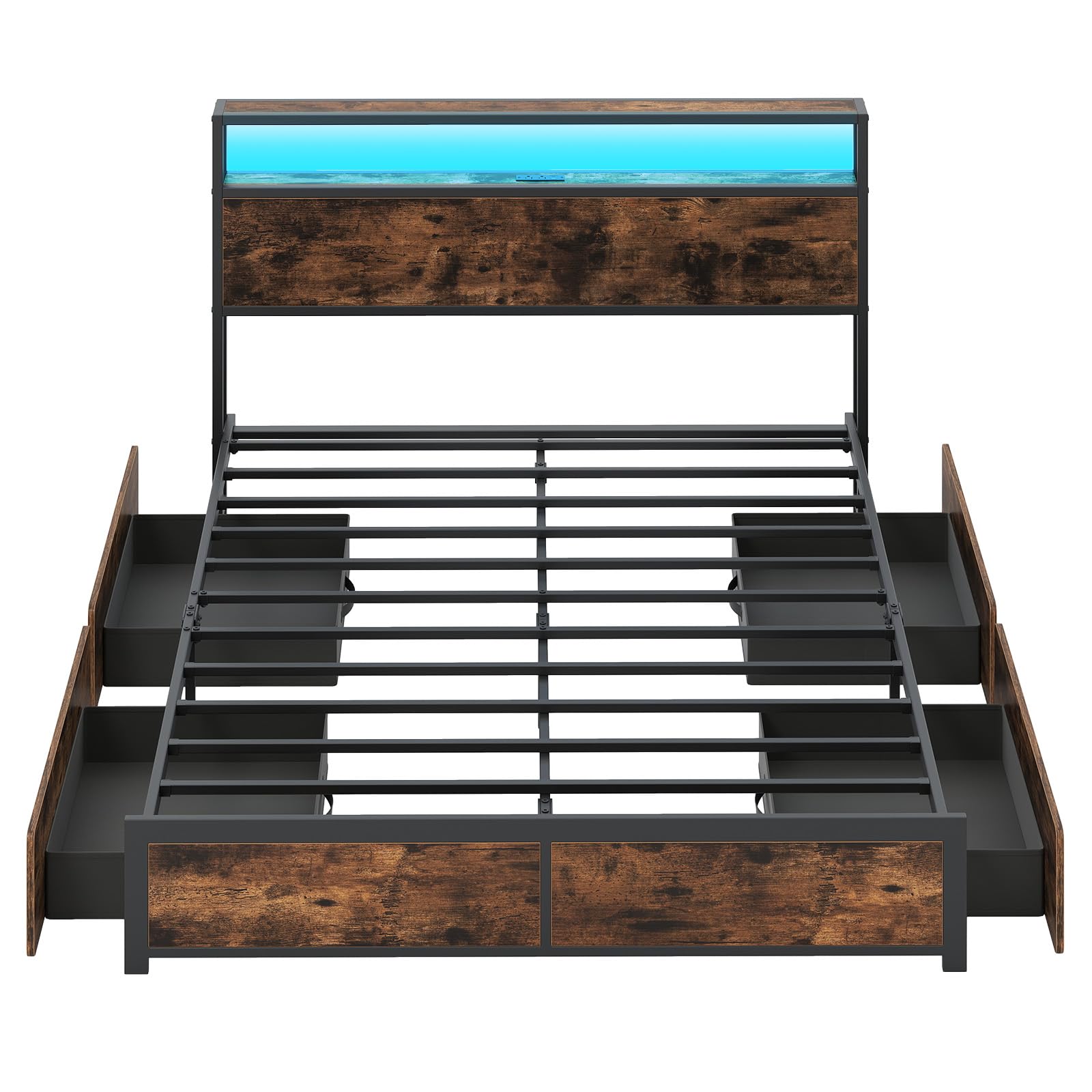 KOMFOTT Industrial LED Bed Frame with 2-Tier Storage