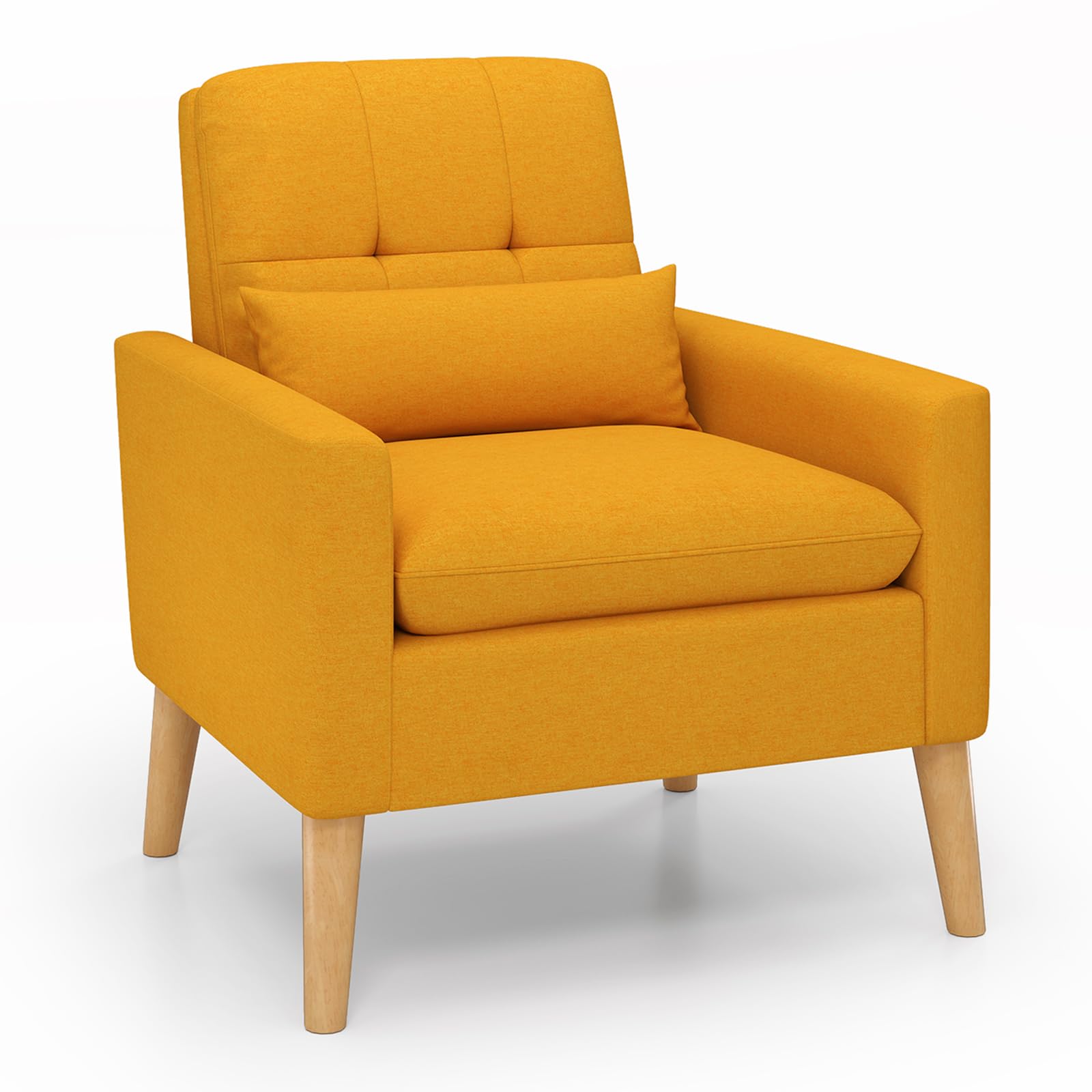 KOMFOTT Modern Linen Accent Chair, Upholstered Tufted Armchair with Lumbar Pillow, Rubber Wood Legs, Padded Cushion