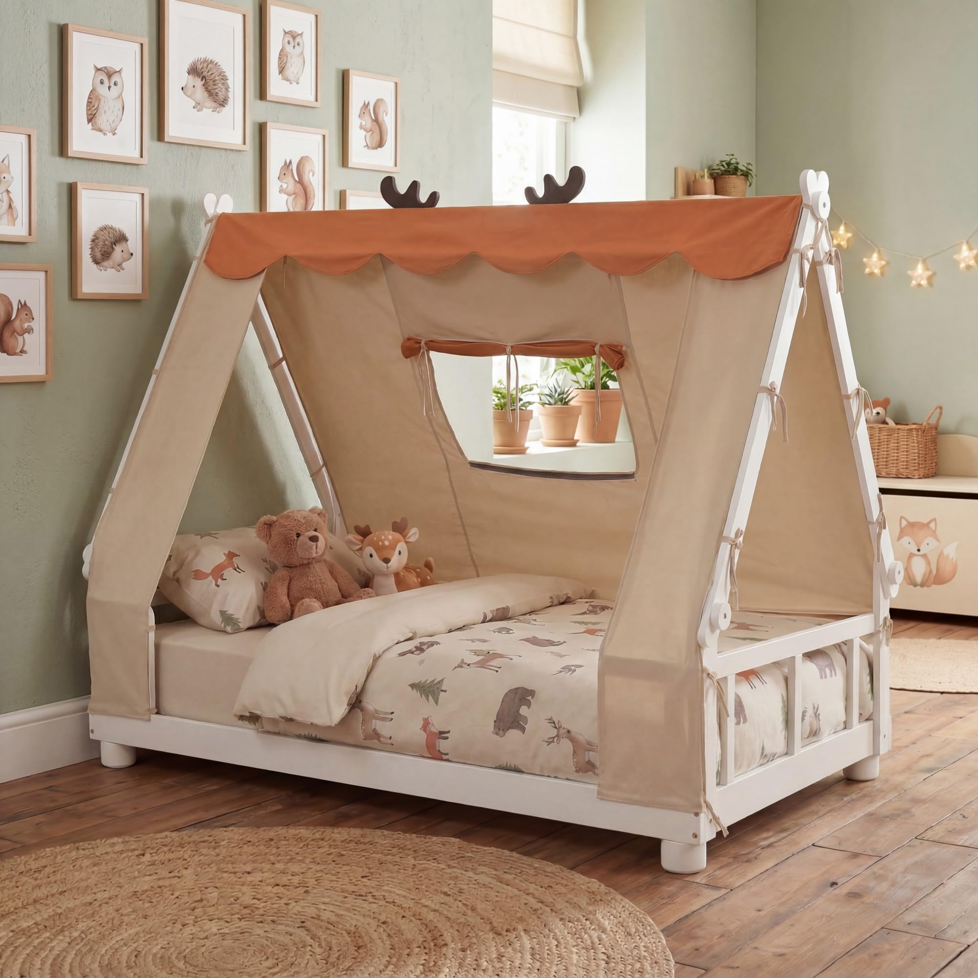 KOMFOTT Twin Floor House Bed with Tent Wood Bed Frame, Natural