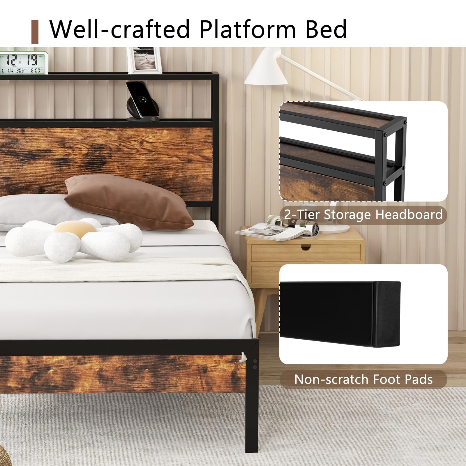 KOMFOTT Industrial Bed Frame with 2-Tier Storage Headboard & Charging Station