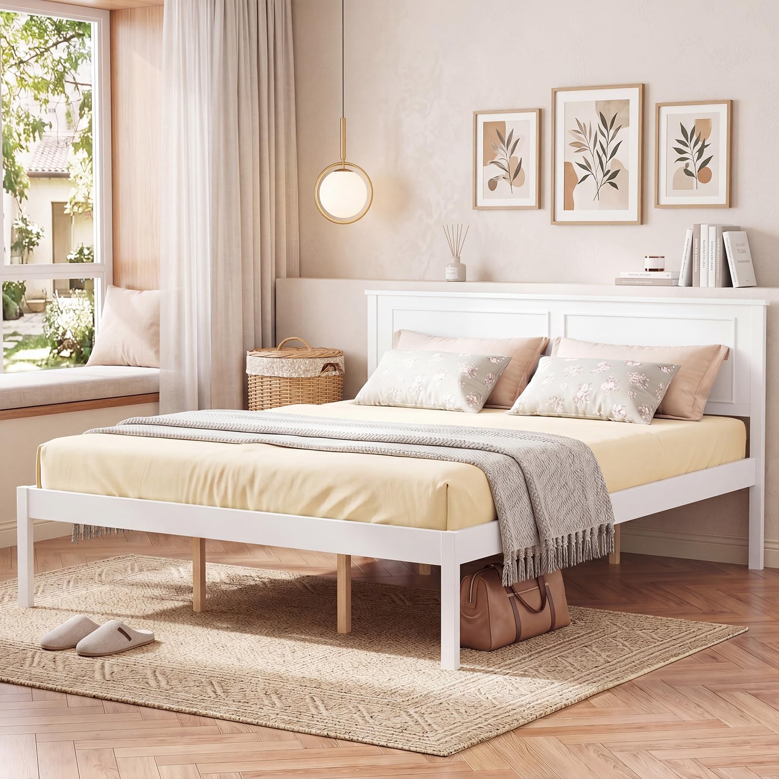 KOMFOTT Queen/Full/Twin Size Bed Frame Farmhouse Wooden Platform Bed
