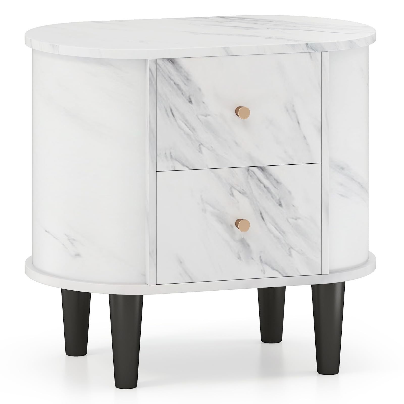 KOMFOTT Oval Faux Marble Nightstand with 2 Drawers