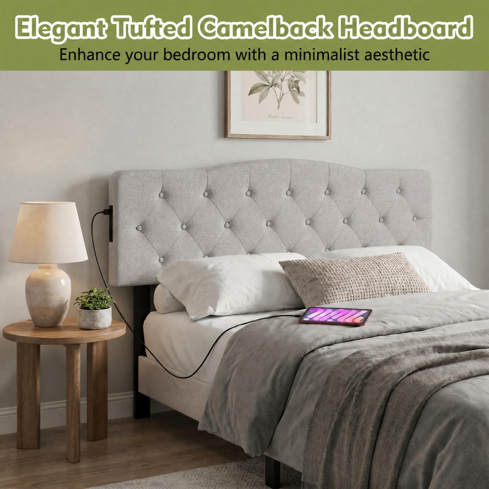 KOMFOTT Modern Headboard with Charging Station for Queen & Full Bed(Curved Button Tufted)