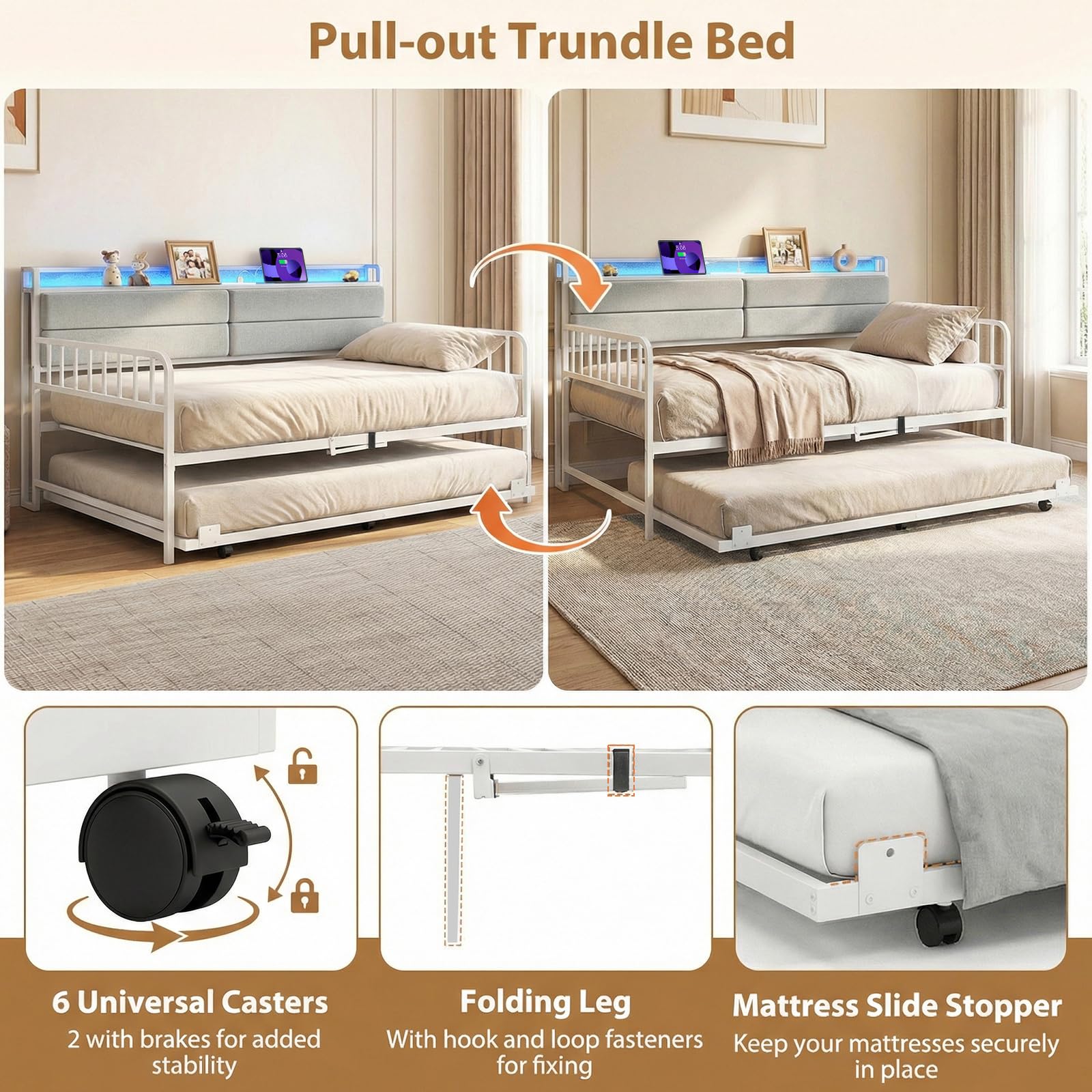 KOMFOTT Twin Size Daybed with Trundle & LED Light