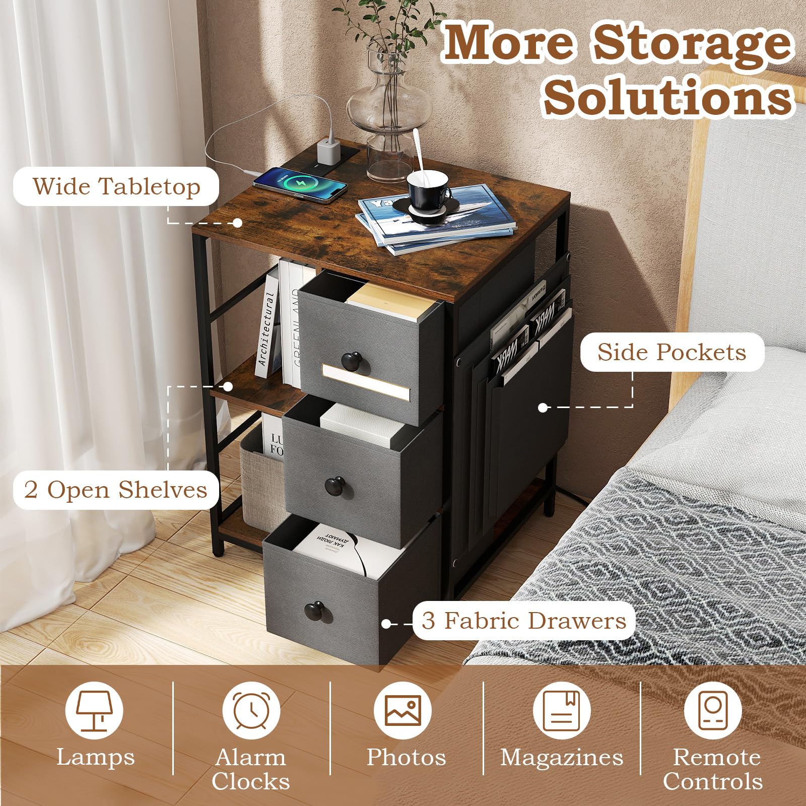 KOMFOTT 3-Tier Nightstand with Charging Station
