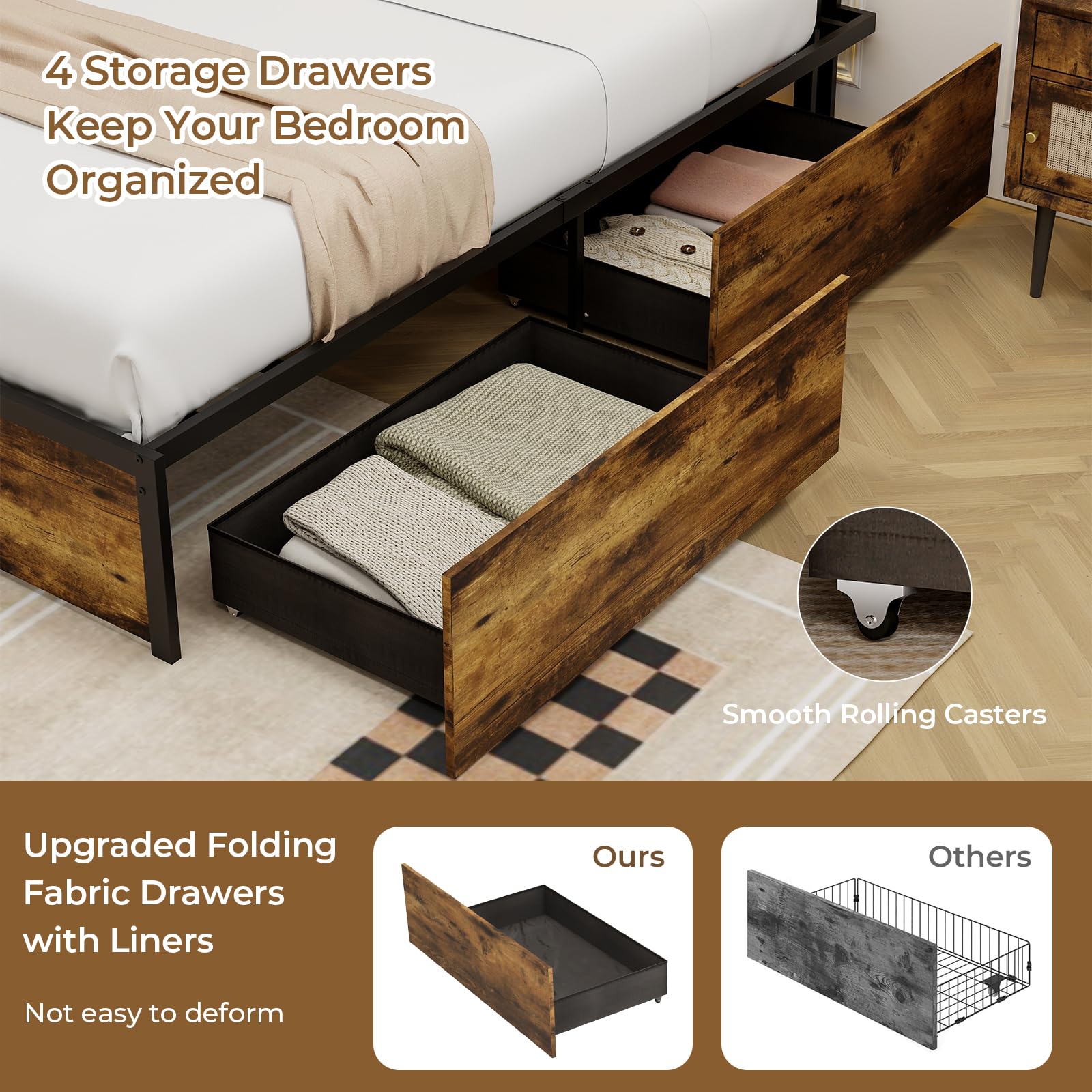 KOMFOTT Industrial Bed Frame with 4 Drawers & LED Lights Headboard