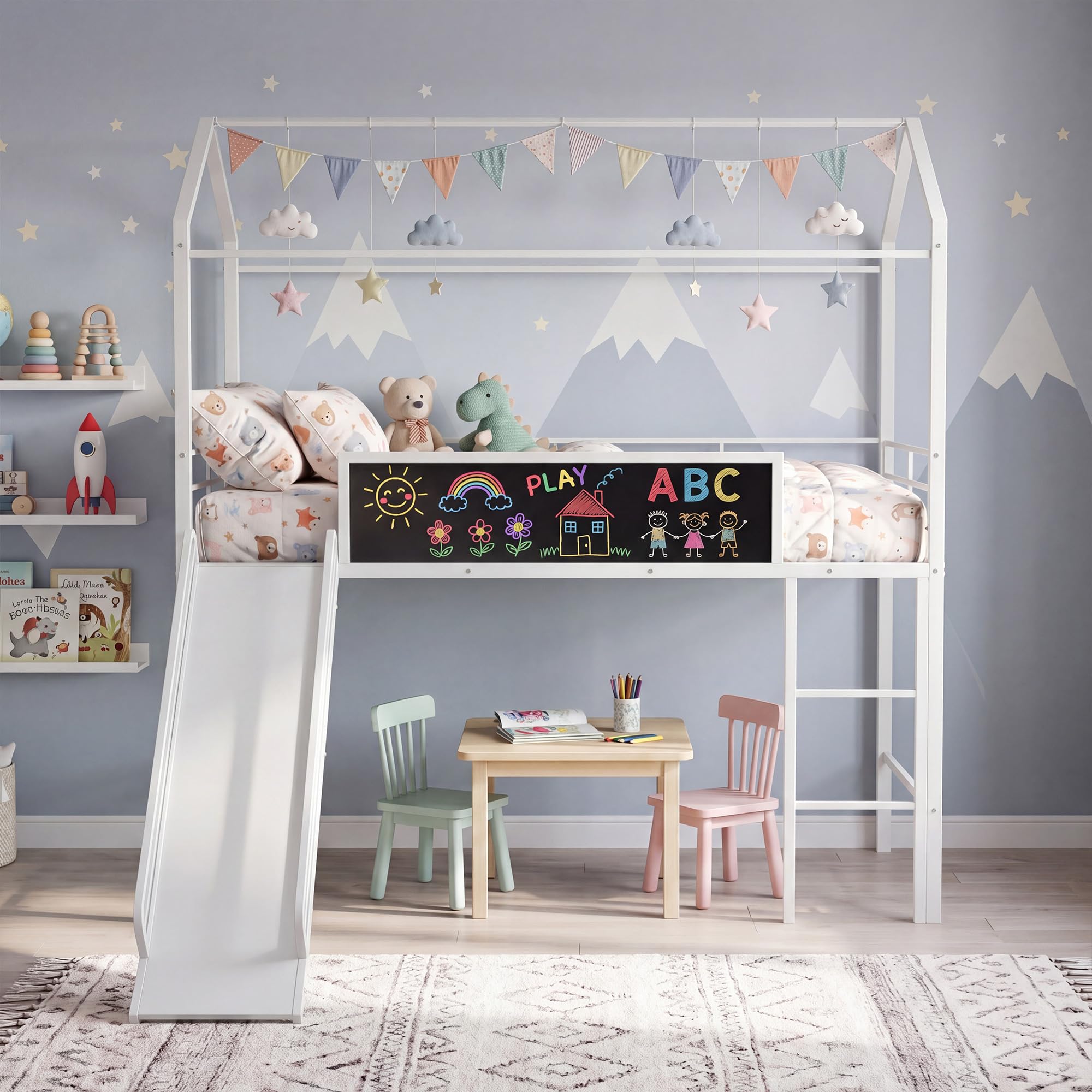 KOMFOTT Twin House Loft Bed for Kids House-Shaped Bed Frame Featuring Chalkboard