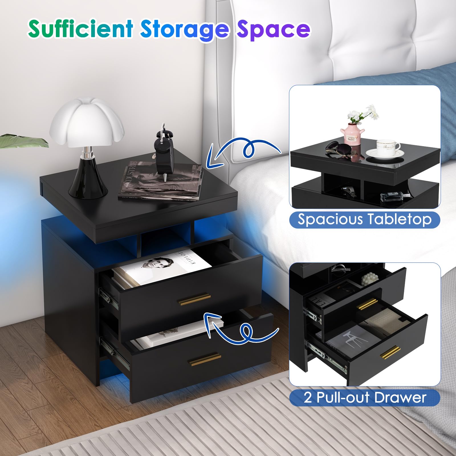 KOMFOTT Modern Nightstand with LED Lights（1/2）