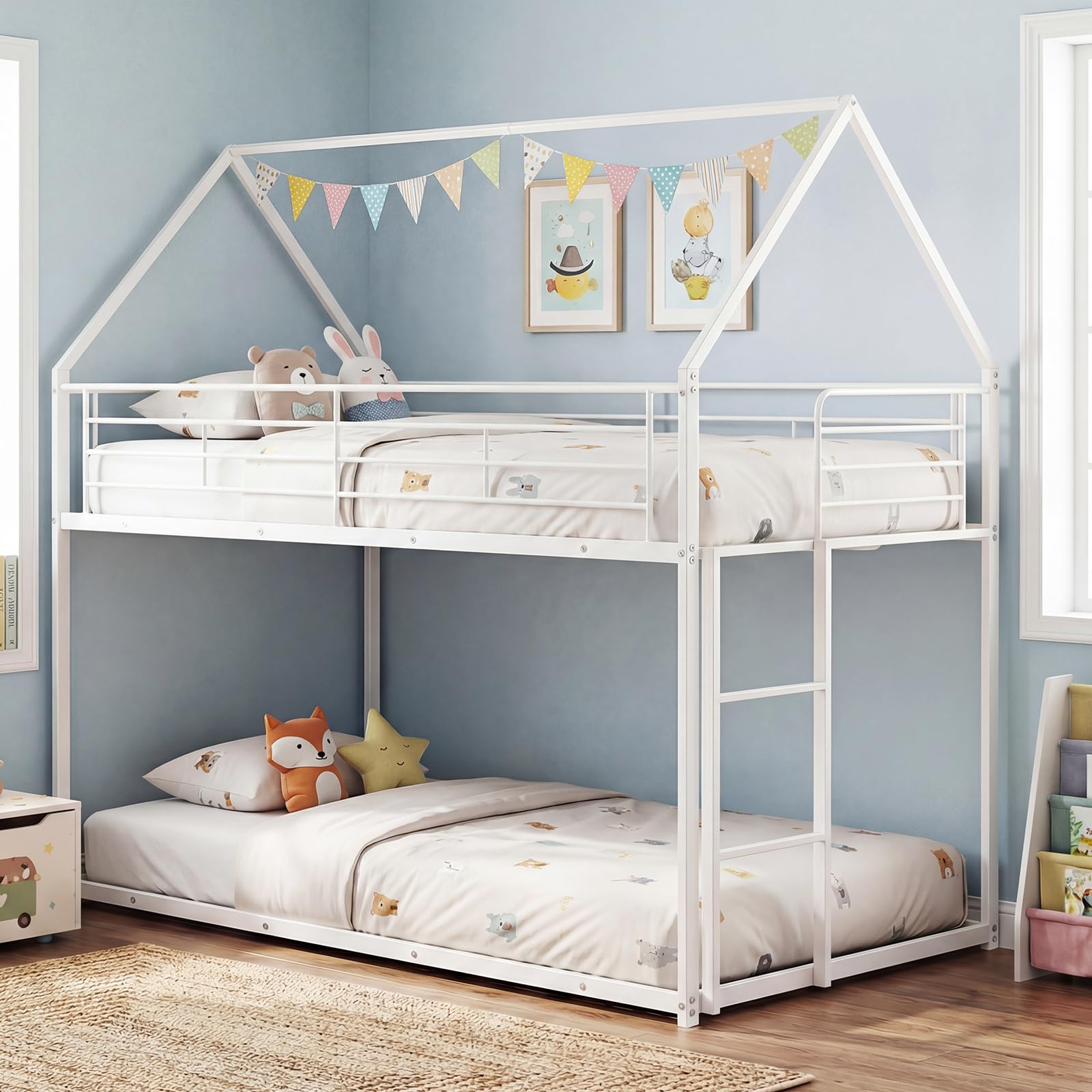 KOMFOTT Low Bunk Bed Twin Over Twin with Roof