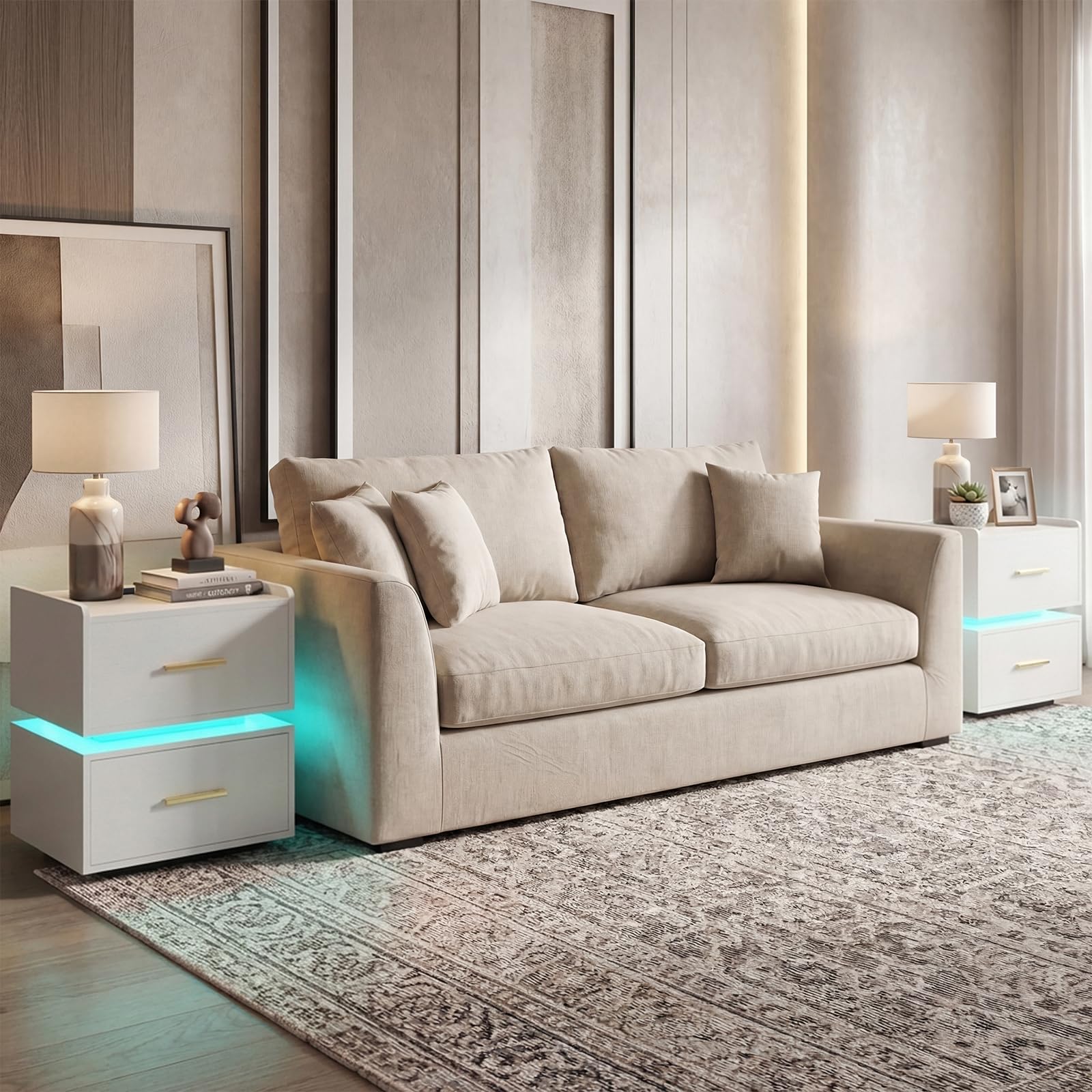 KOMFOTT Nightstand with Charging Station Set of 1/2 LED Bedside Table