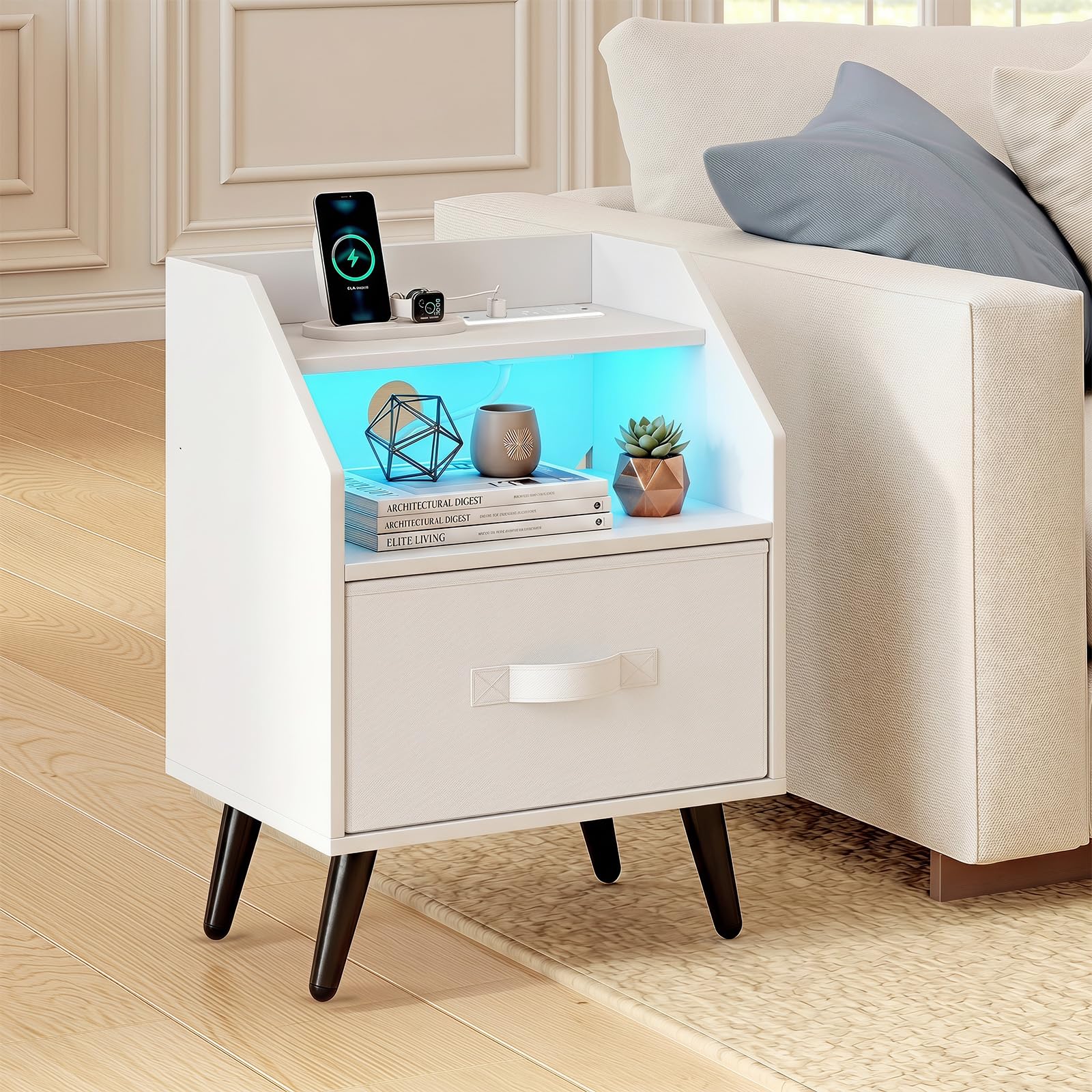 KOMFOTT Nightstand with LED Lights Charging Station & Fabric Drawer(1/2)