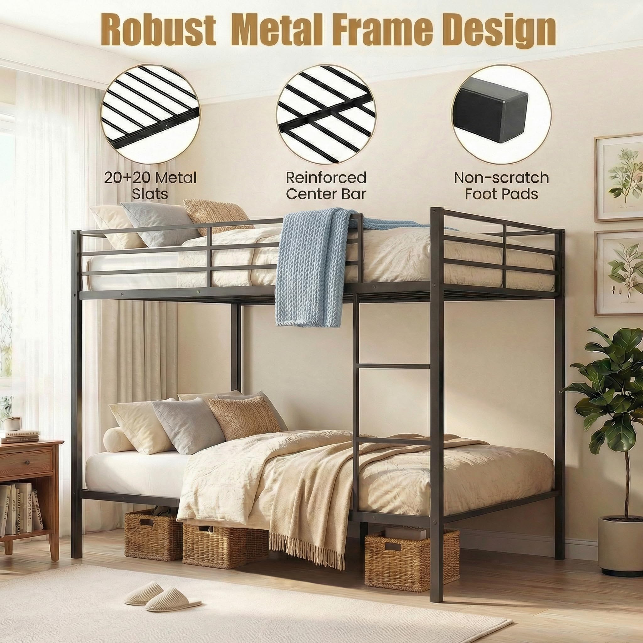 KOMFOTT Full Over Full Metal Bunk Bed, Heavy-Duty Modern Bunk Bed