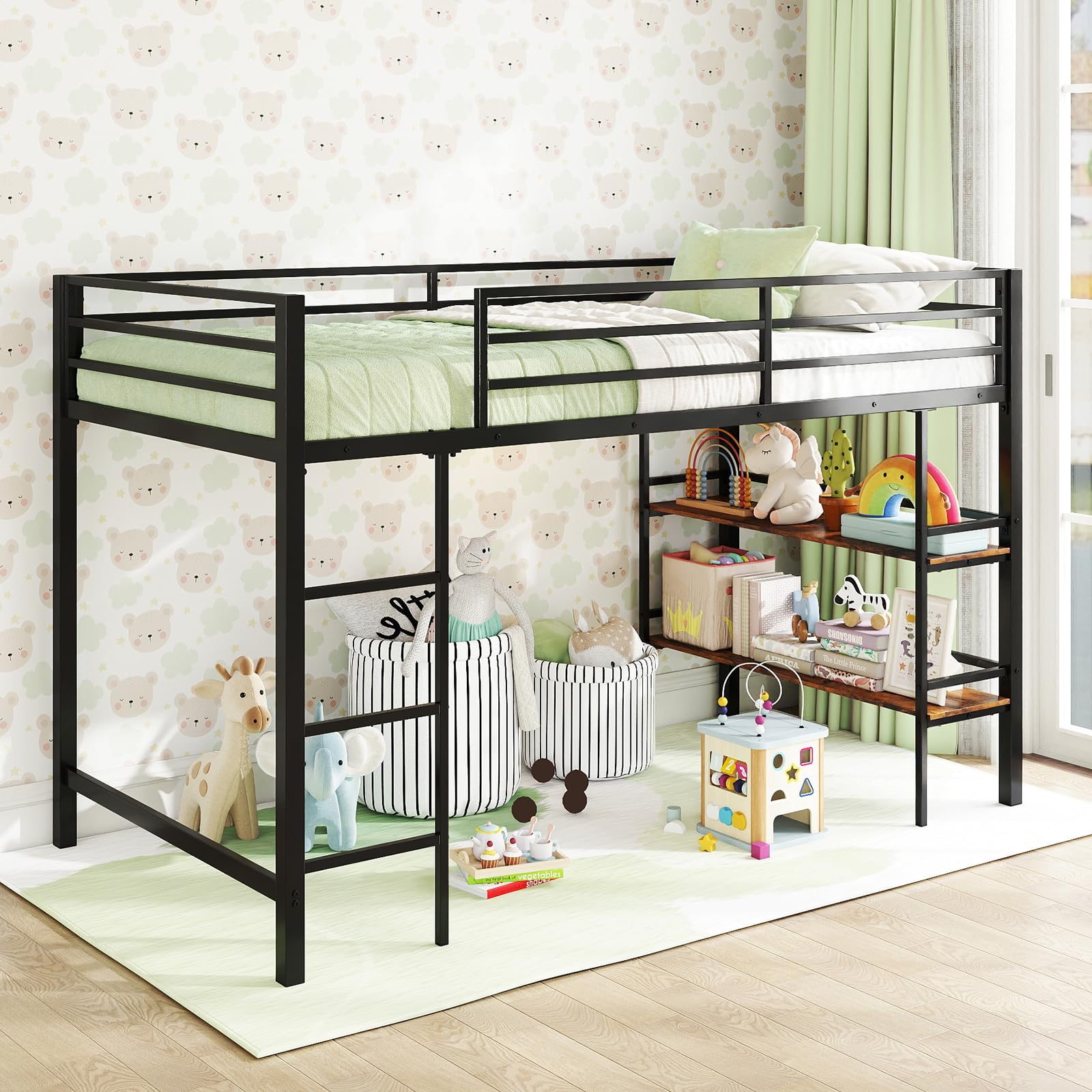 KOMFOTT Twin Size Metal Loft Bed w/Storage Shelves