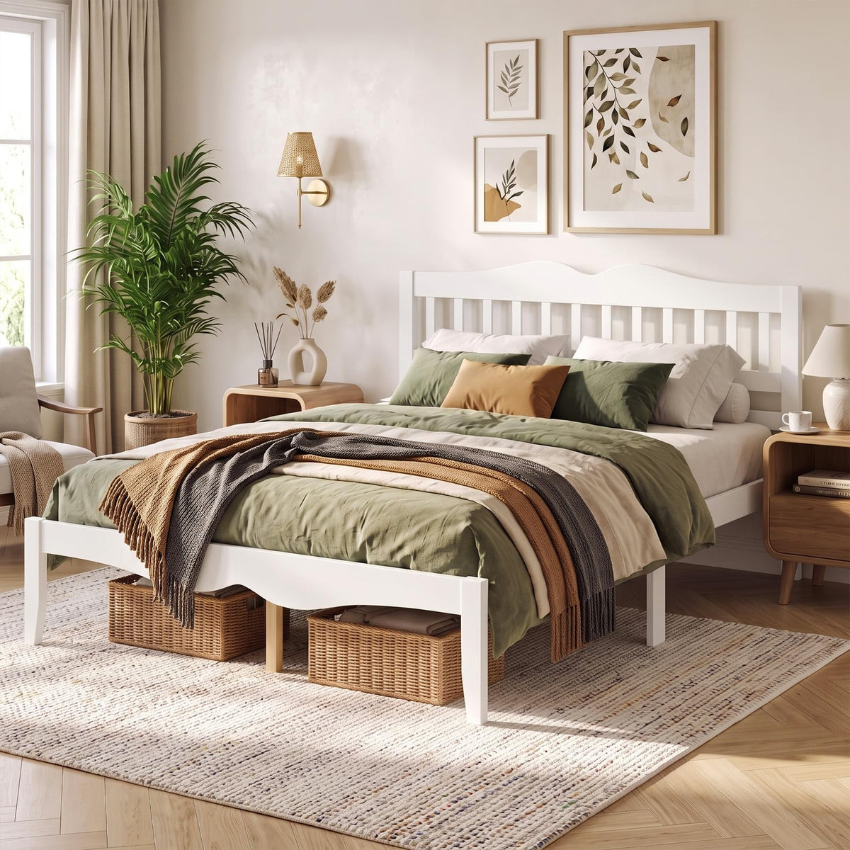 KOMFOTT Full/Queen  Size Bed Frame Farmhouse Wooden Bed with Slatted Headboard(Curved Slatted Headboard)