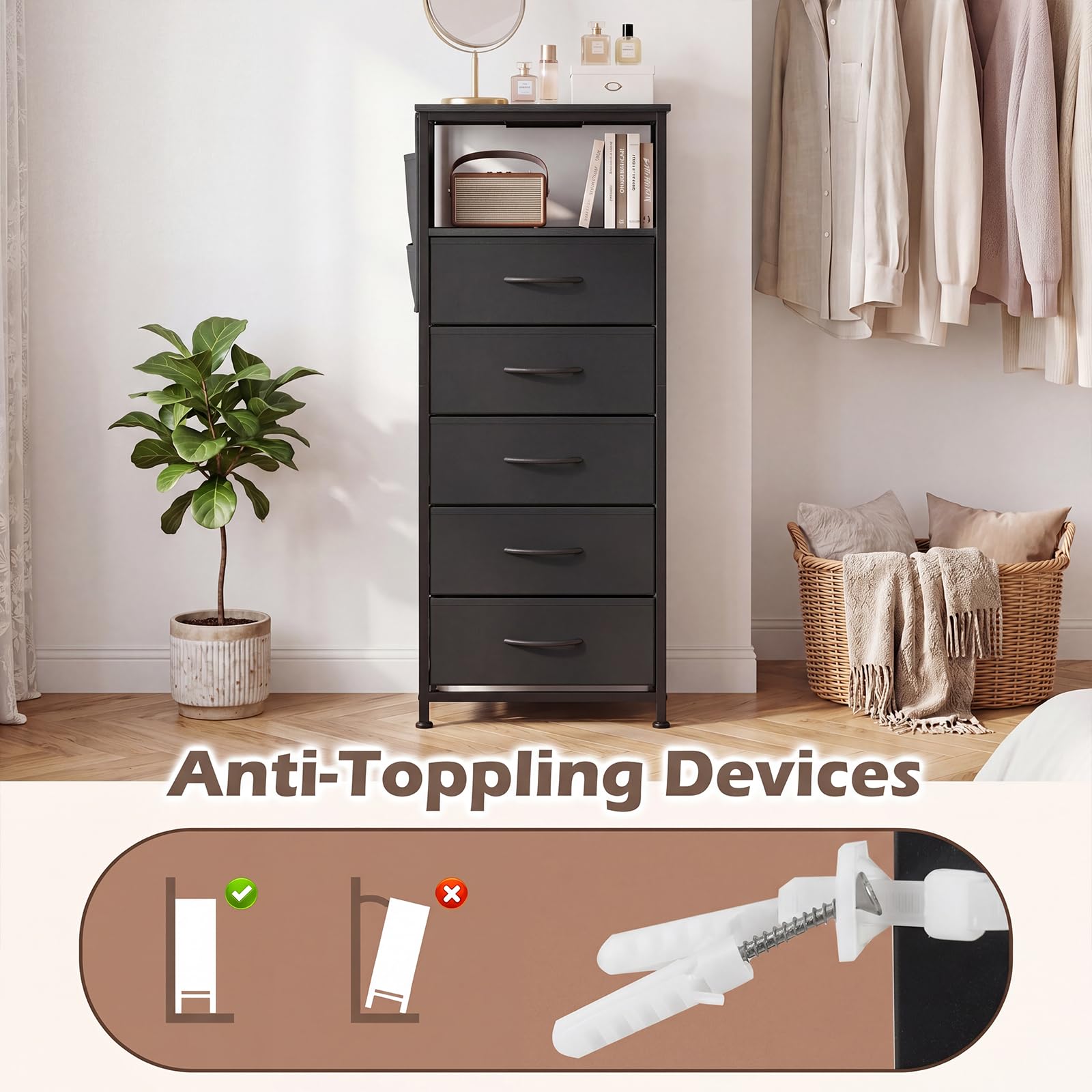 KOMFOTT 1/2 Nightstand with Integrated Charging Station 39" Tall Modern End Table(5 Drawers)