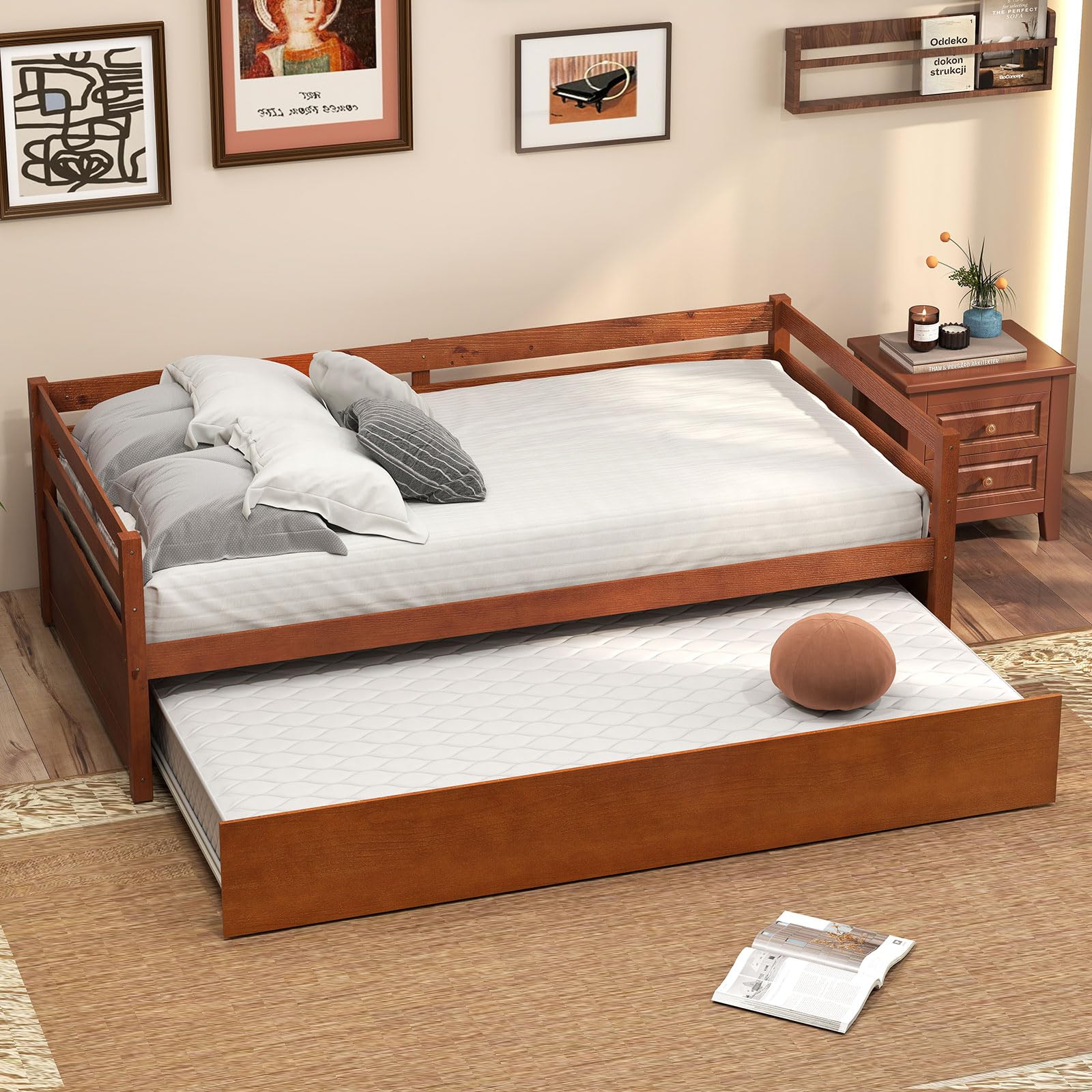 KOMFOTT Twin Daybed with Trundle, Wood Trundle Bed with Wood Slat Support