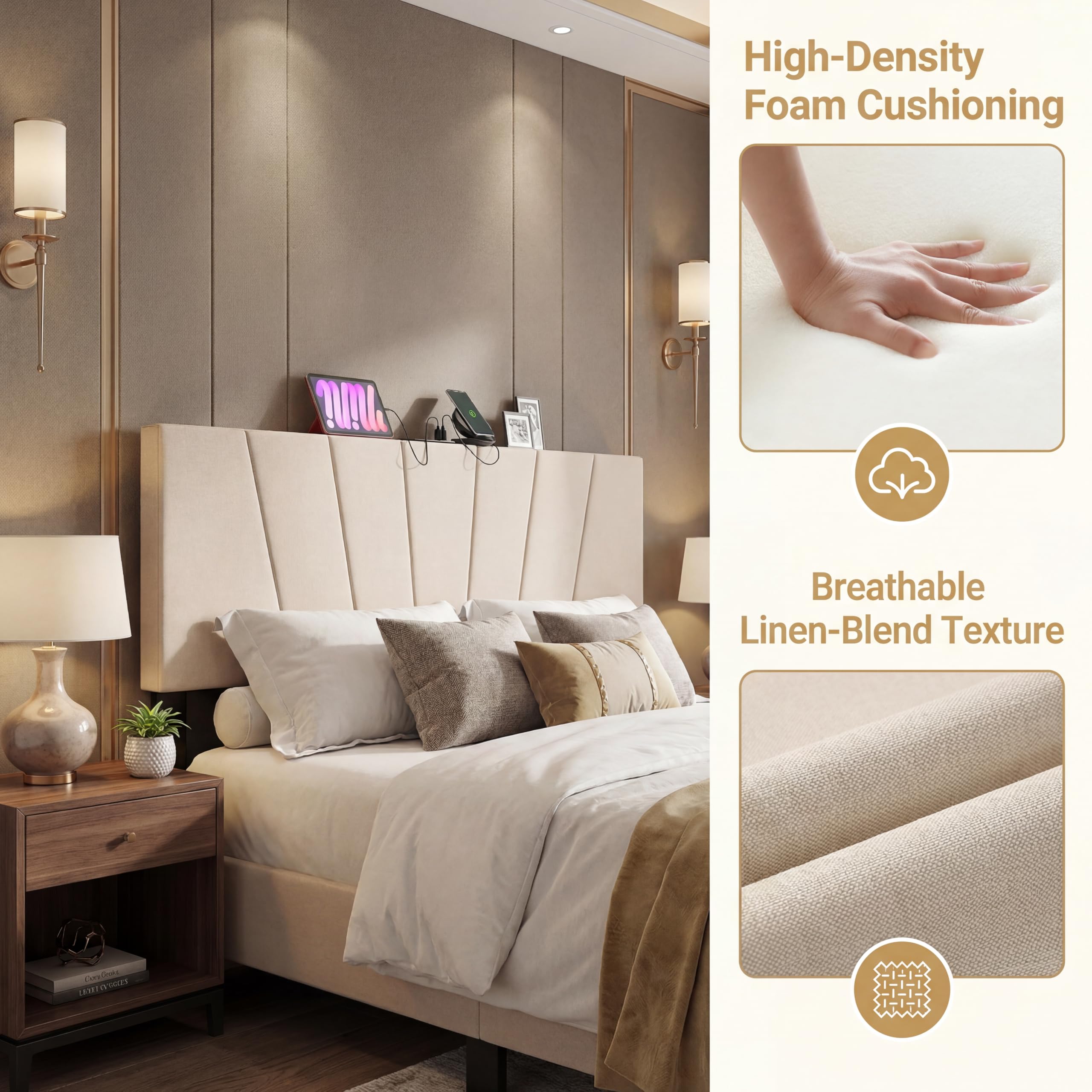 KOMFOTT Upholstered Full & Queen Headboard with Charging Station(Vertical Channel)