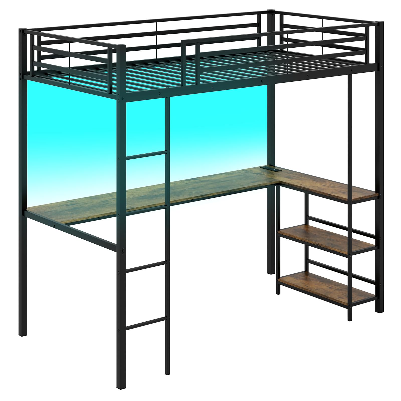 KOMFOTT Twin Size Loft Bed with L-Shaped Desk & Storage Shelves