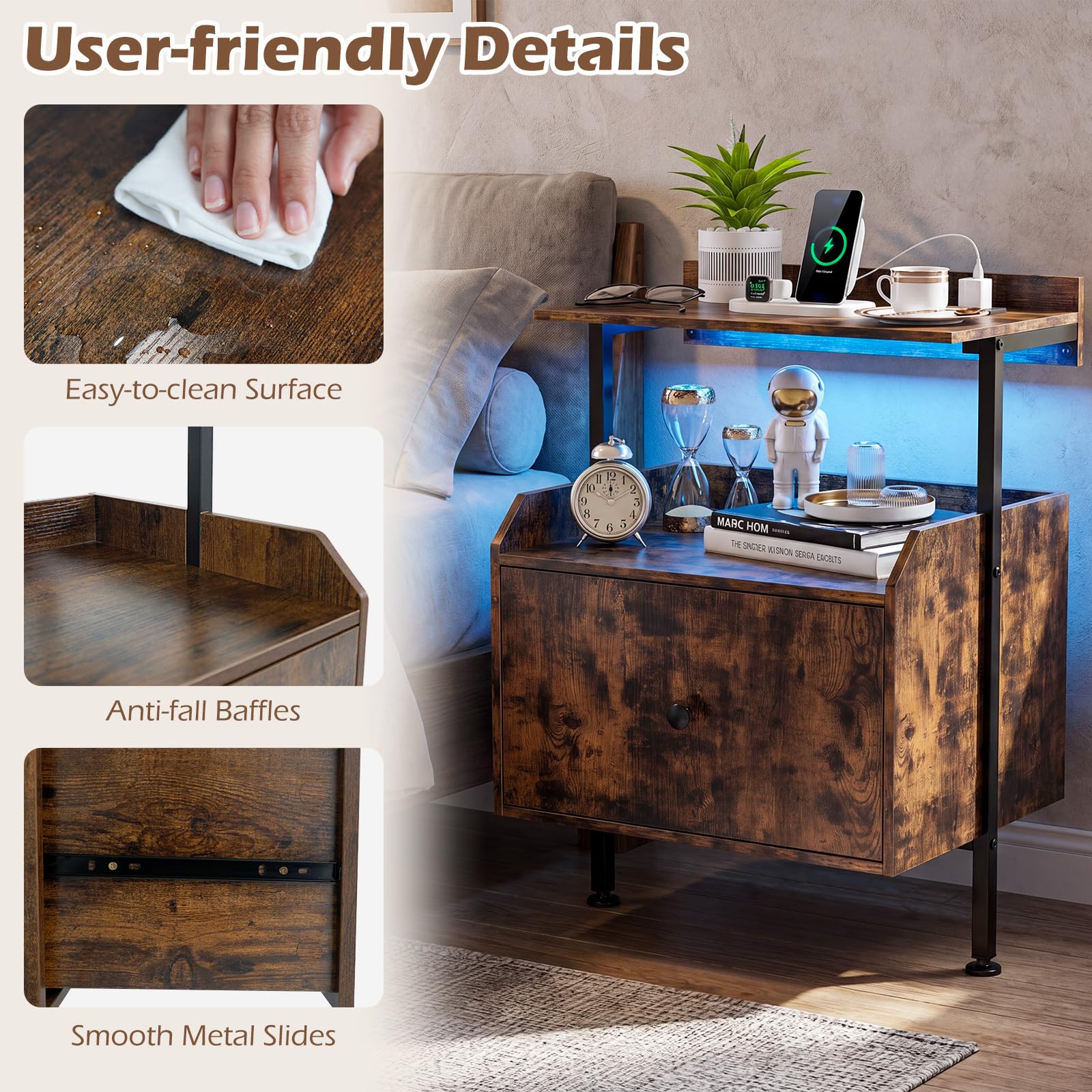 KOMFOTT Nightstand with LED Lights & Charging Station (21" x 16" x 29.5")