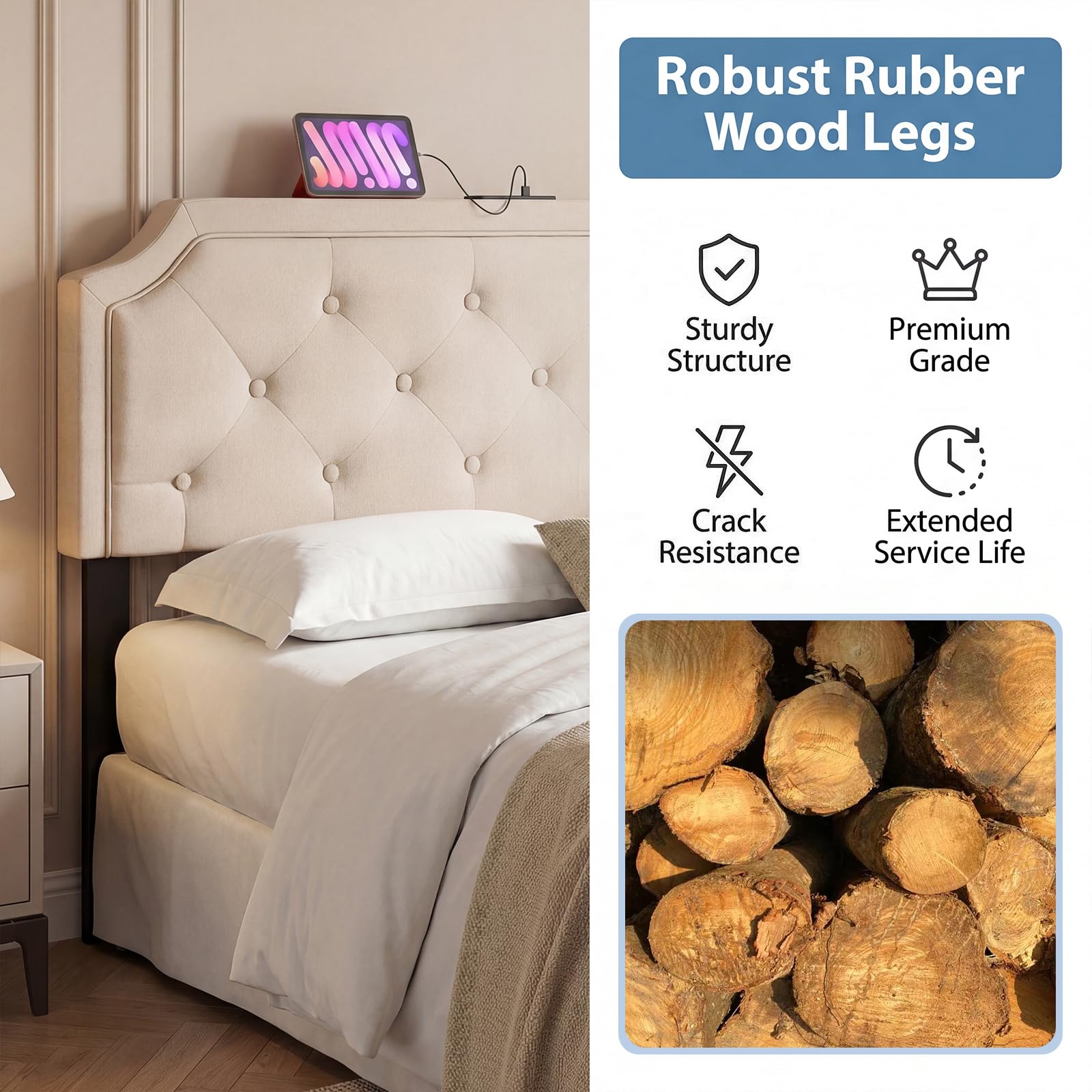 KOMFOTT Upholstered Headboard with Charging Station for Full & Queen Size Bed Frame