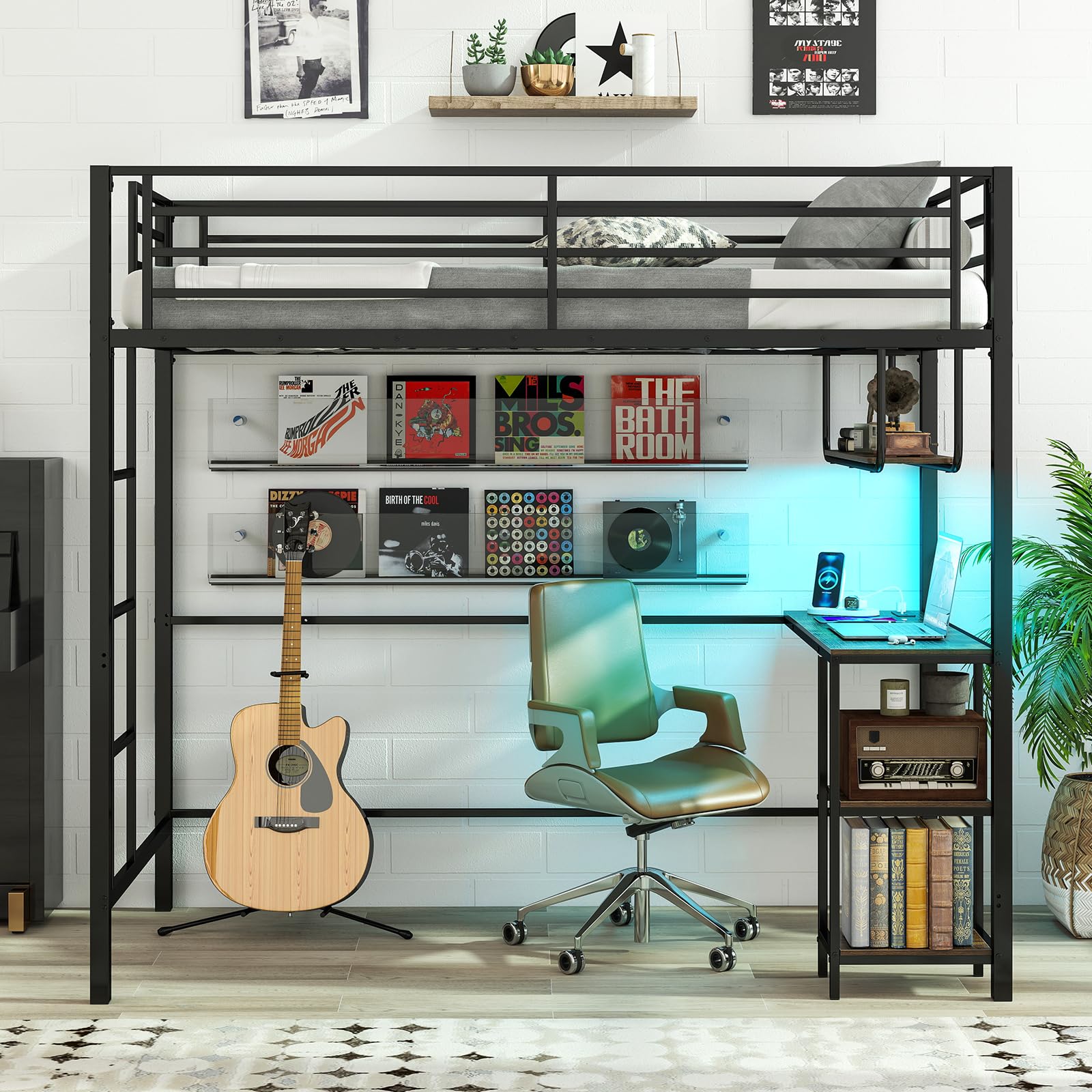 KOMFOTT Twin Loft Bed with Desk LED Lights Charging Station
