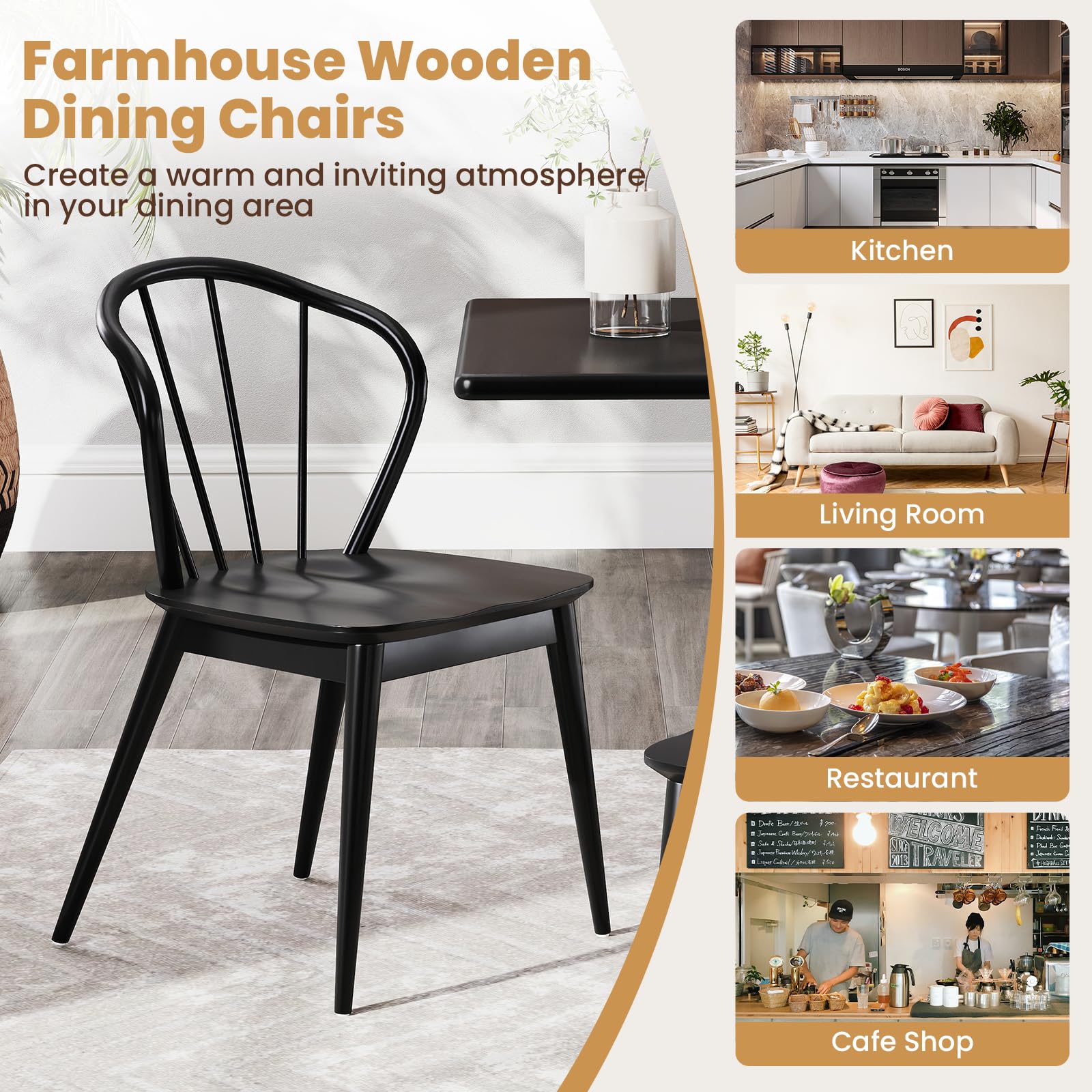 KOMFOTT Wooden Dining Chairs Set of 2/4, Windsor Kitchen Chairs w/High Spindle Back & Rubber Wood Legs, Wide Seat & Curved Backrest