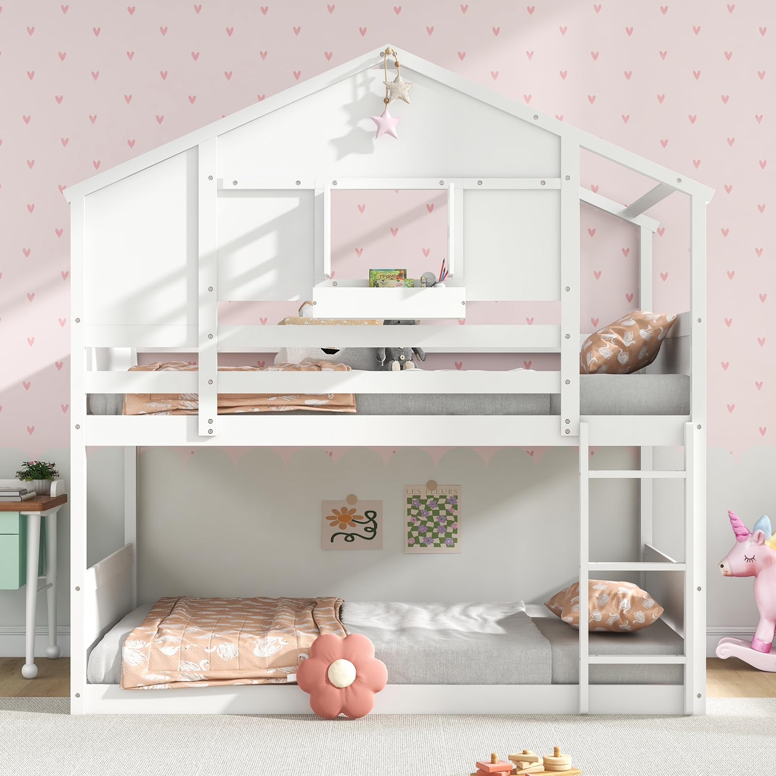 KOMFOTT Twin Over Twin Wood House Bunk Bed for Kids with Roof, Window Door, Storage Box, Safety Guardrails, Wood Slats & Ladder